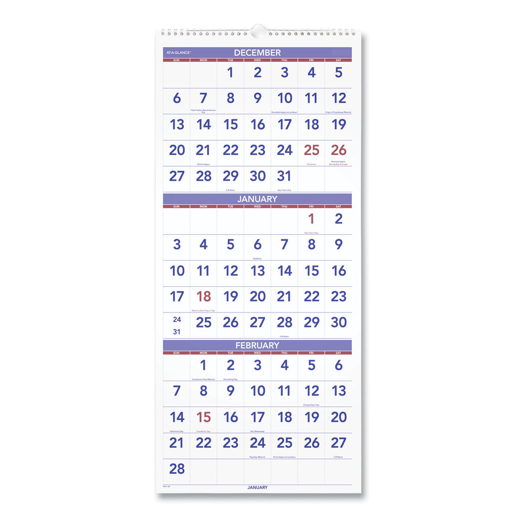 Deluxe Three-Month Reference Wall Calendar, Vertical Orientation, 12 x 27, White Sheets, 14-Month (Dec to Jan): 2023 to 2025
