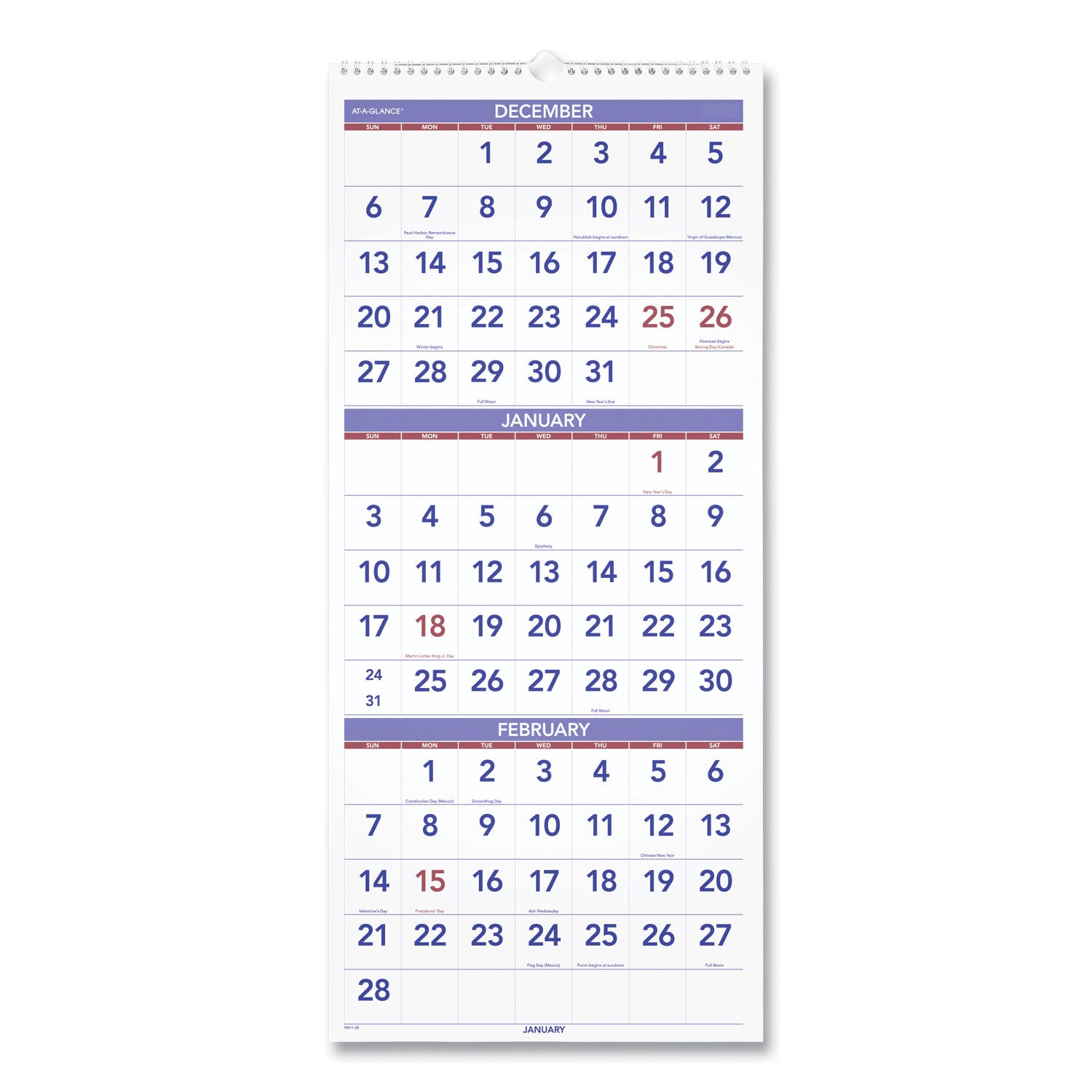 Deluxe Three-Month Reference Wall Calendar, Vertical Orientation, 12 x 27, White Sheets, 14-Month (Dec to Jan): 2023 to 2025 - 1