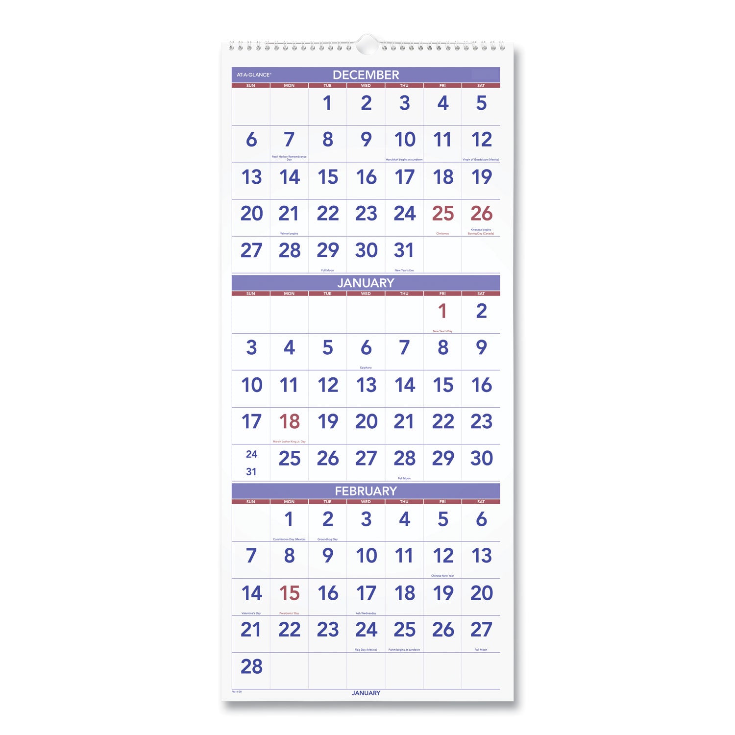 Deluxe Three-Month Reference Wall Calendar, Vertical Orientation, 12 x 27, White Sheets, 14-Month (Dec to Jan): 2023 to 2025