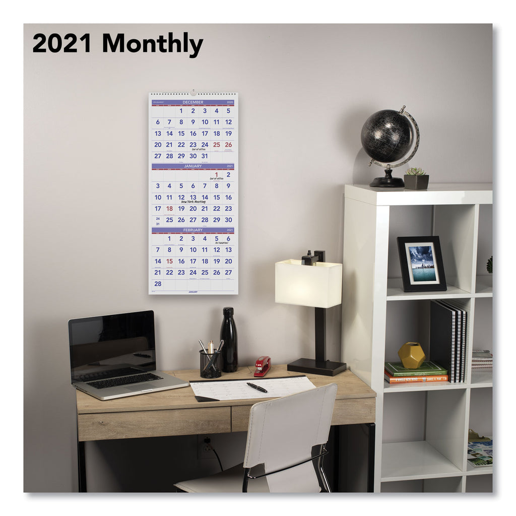 Deluxe Three-Month Reference Wall Calendar, Vertical Orientation, 12 x 27, White Sheets, 14-Month (Dec to Jan): 2023 to 2025
