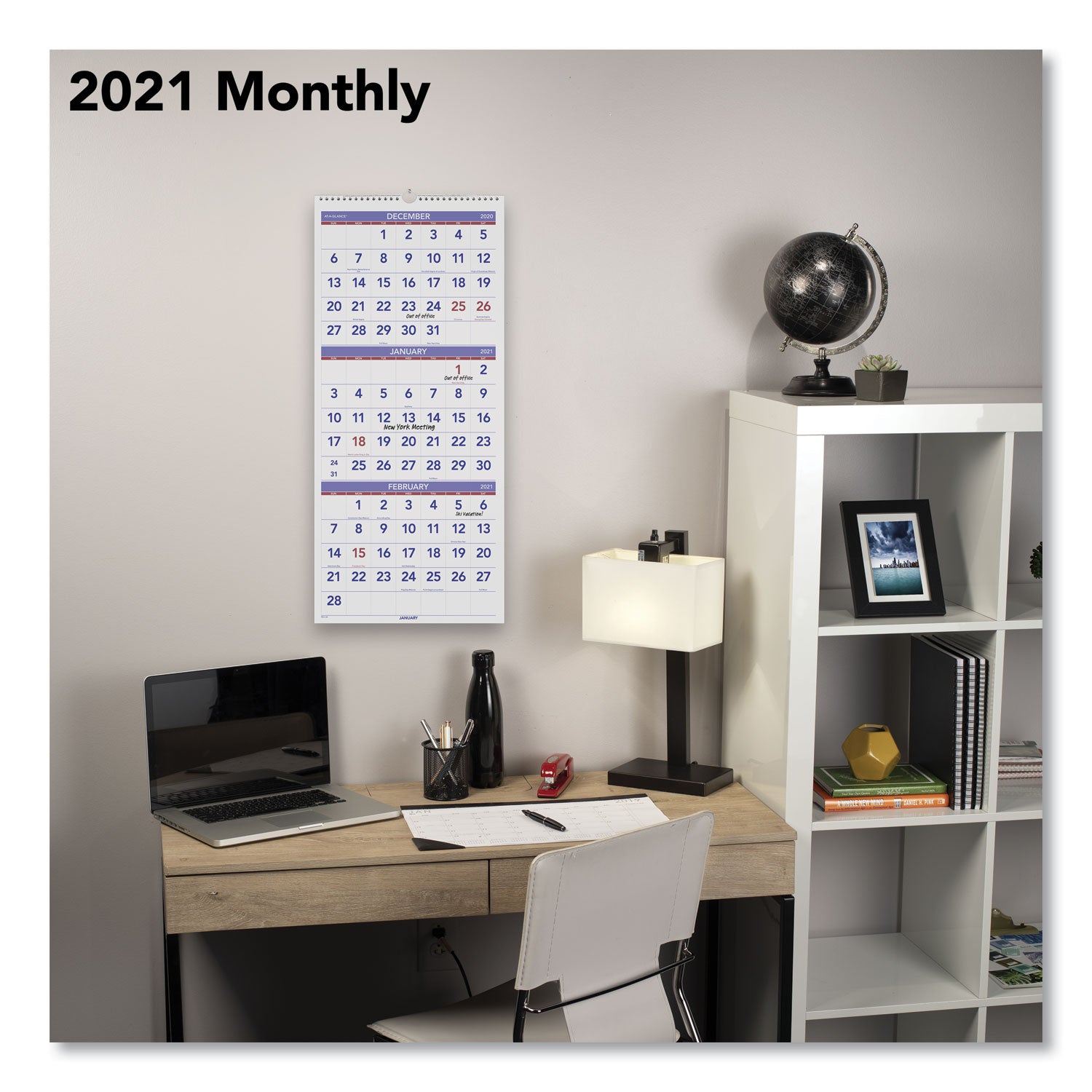 Deluxe Three-Month Reference Wall Calendar, Vertical Orientation, 12 x 27, White Sheets, 14-Month (Dec to Jan): 2023 to 2025