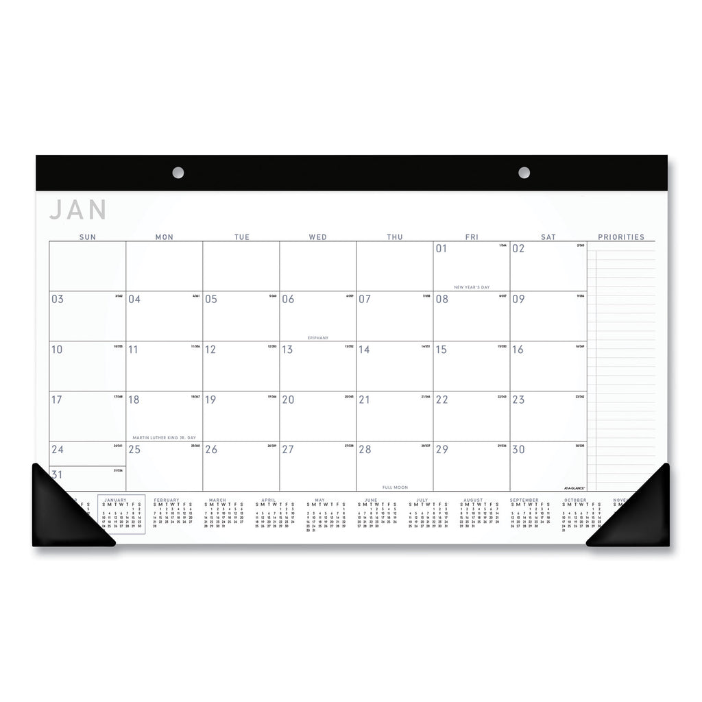 Contemporary Monthly Desk Pad, 18 x 11, White Sheets, Black Binding/Corners,12-Month (Jan to Dec): 2024