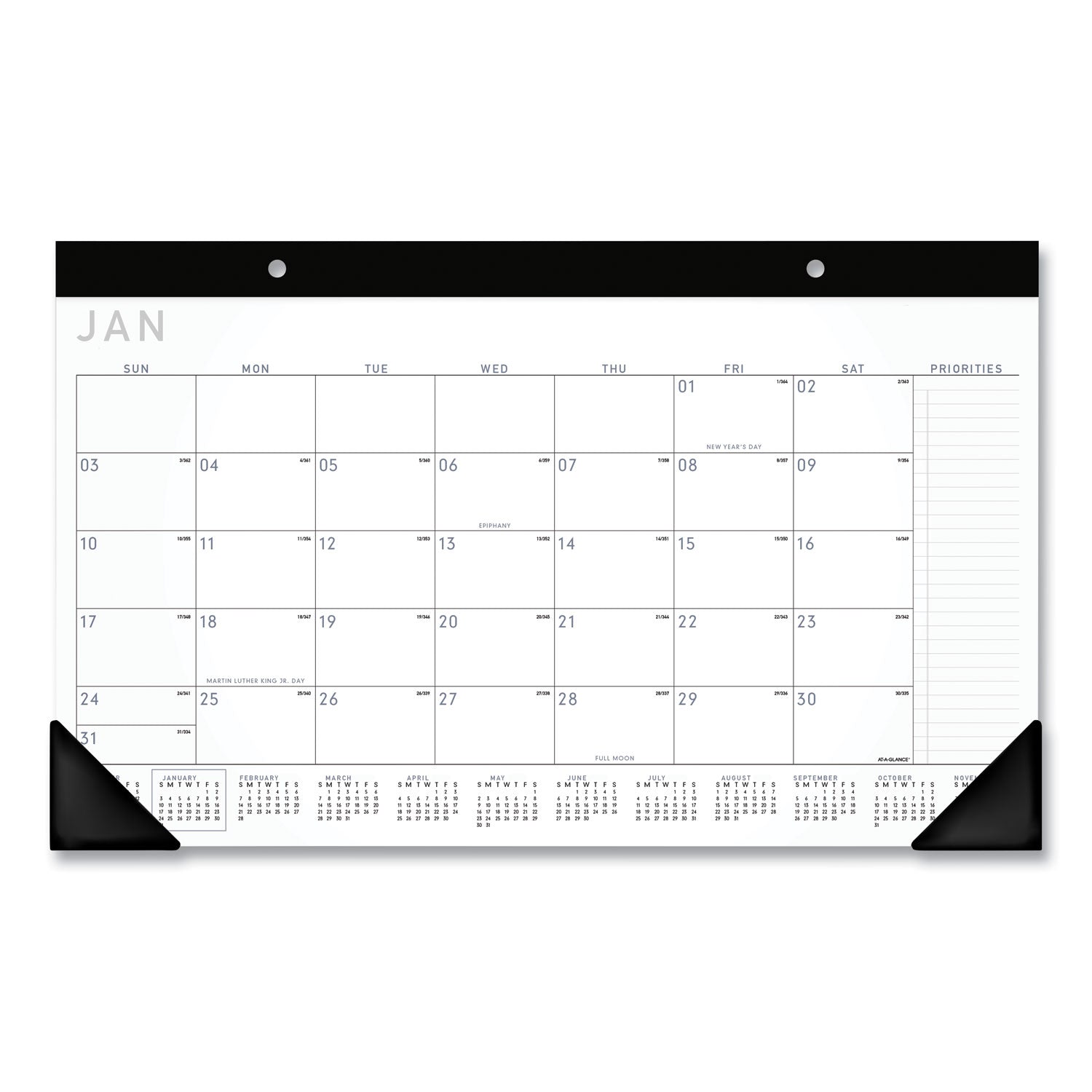 Contemporary Monthly Desk Pad, 18 x 11, White Sheets, Black Binding/Corners,12-Month (Jan to Dec): 2024