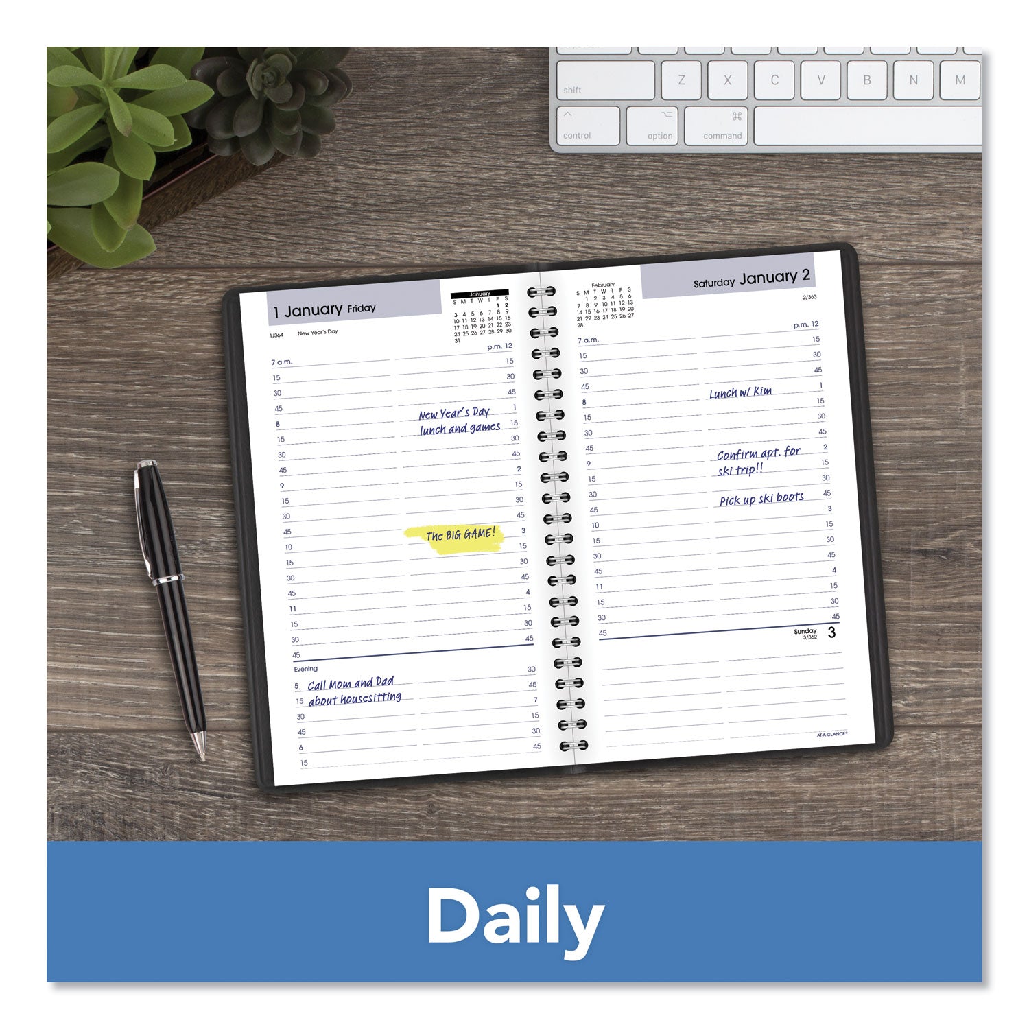 DayMinder Daily Appointment Book, 8.5 x 5.5, Black Cover, 12-Month (Jan to Dec): 2024 - 