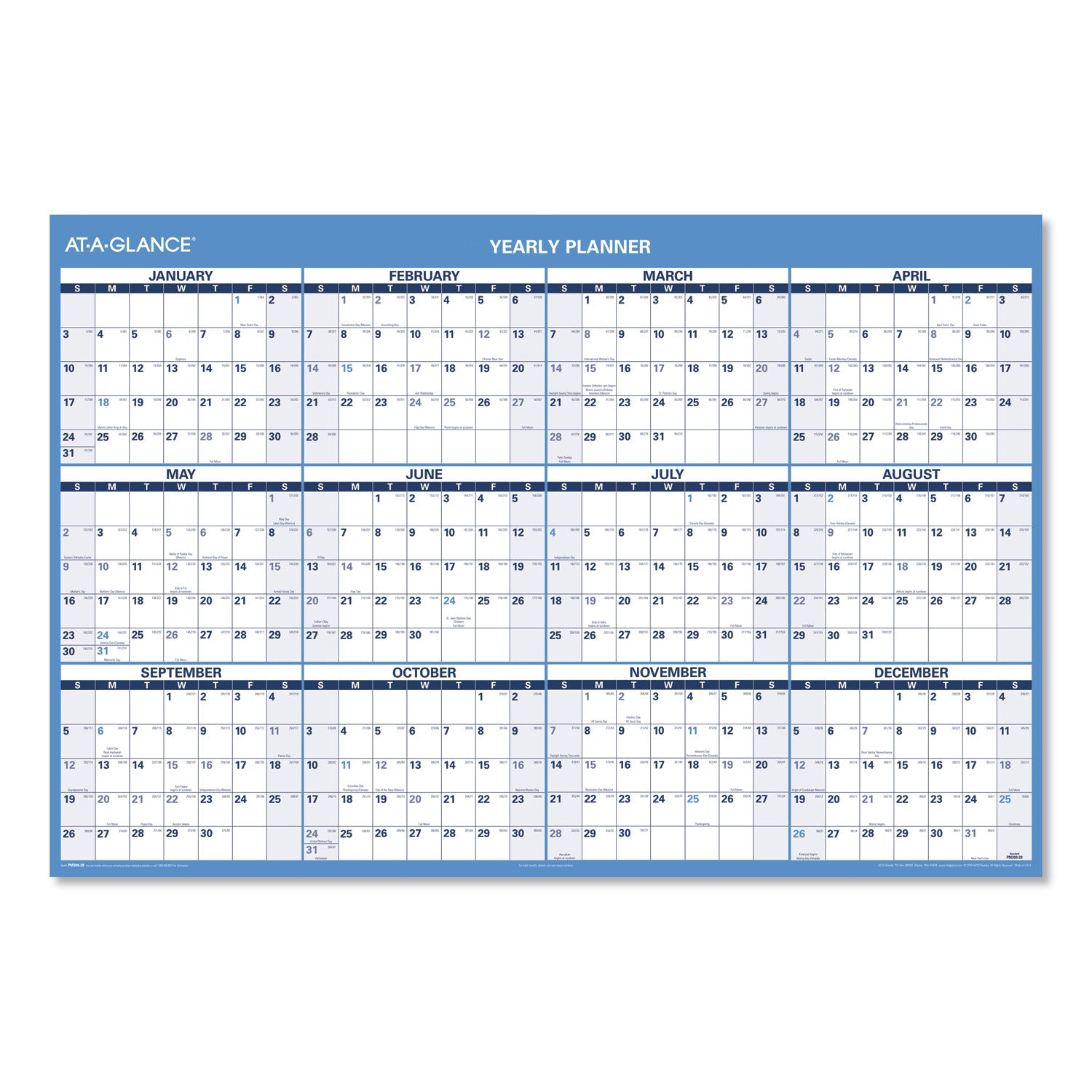 Horizontal Reversible/Erasable Wall Planner, 48 x 32, White/Blue Sheets, 12-Month (Jan to Dec): 2024
