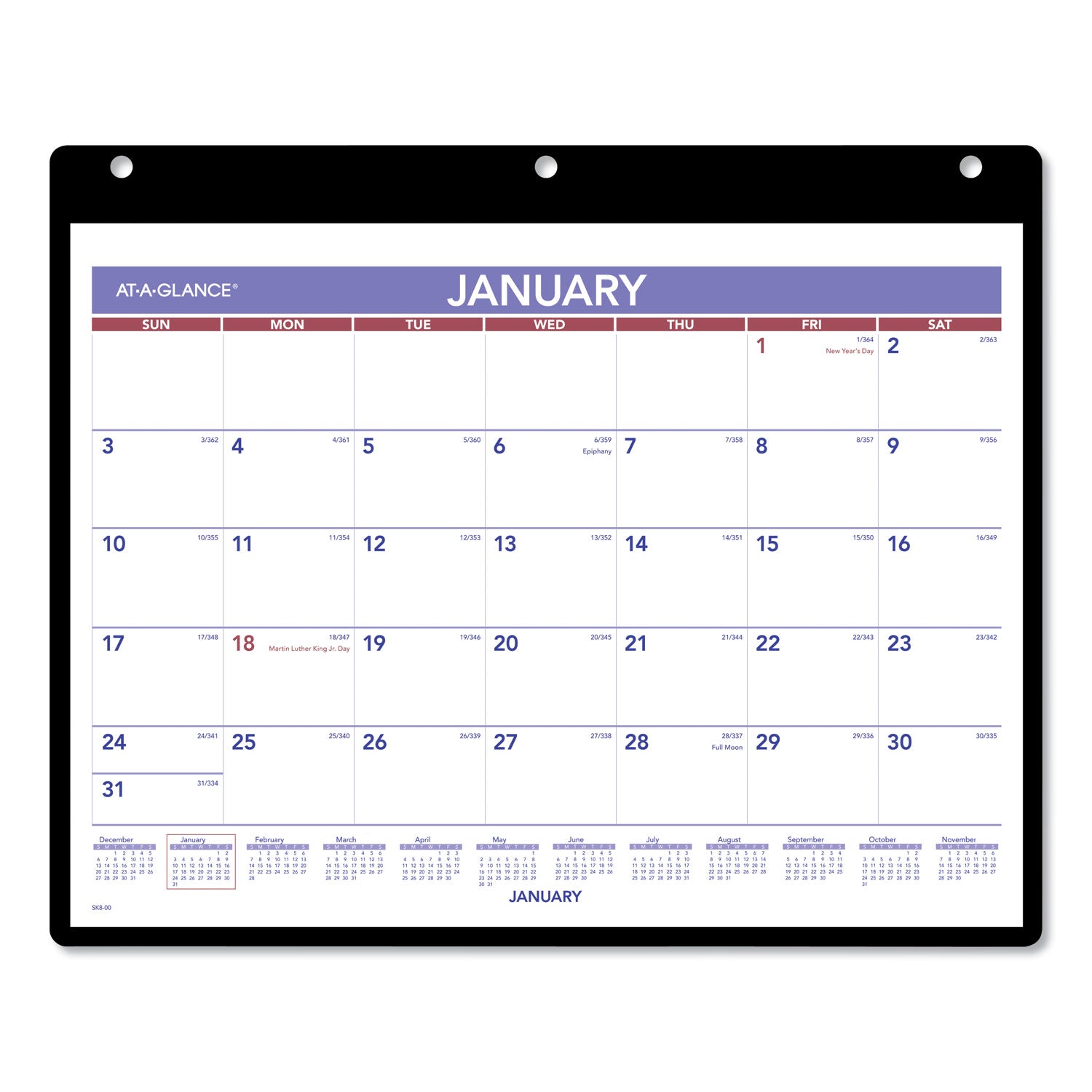 Monthly Desk/Wall Calendar with Plastic Backboard and Bonus Pages, 11 x 8, White/Violet/Red Sheets, 12-Month (Jan-Dec): 2024 - 
