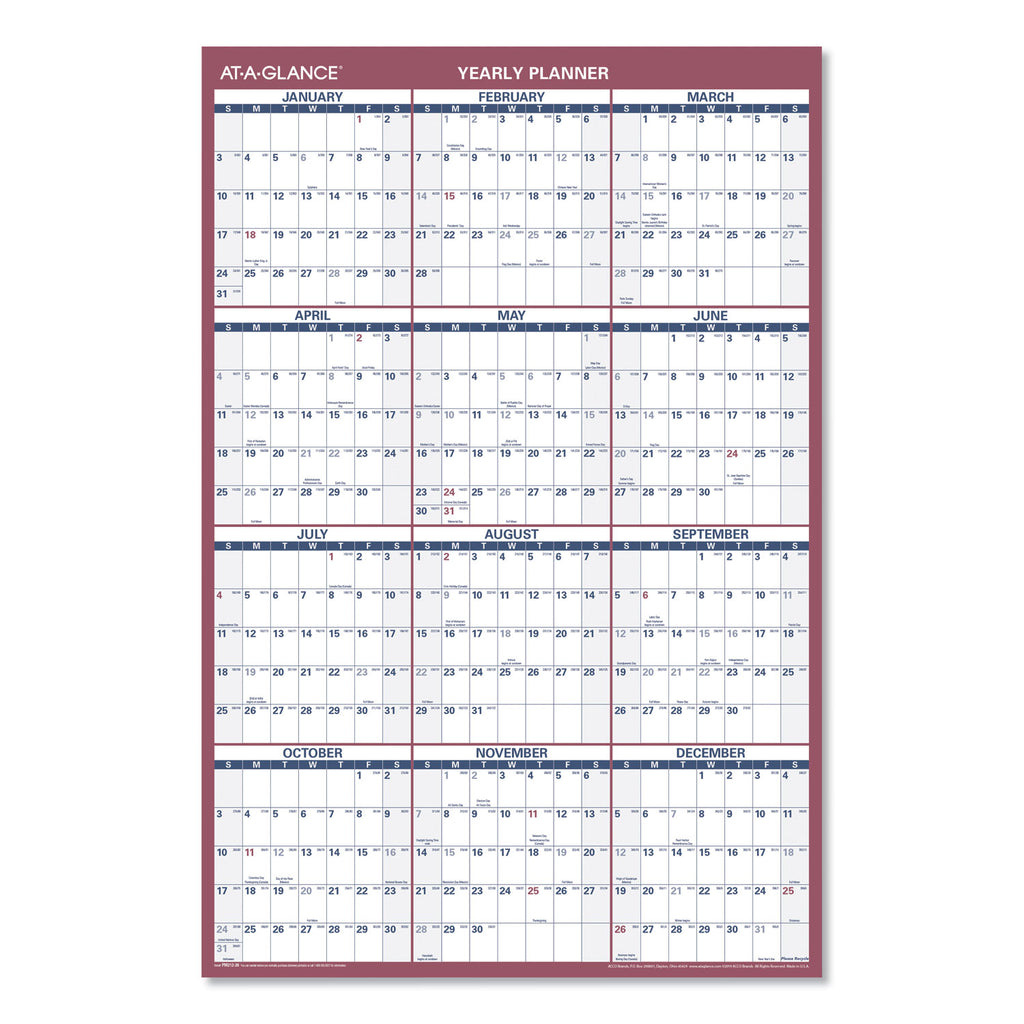 Vertical/Horizontal Wall Calendar, 24 x 36, White/Blue/Red Sheets, 12-Month (Jan to Dec): 2024