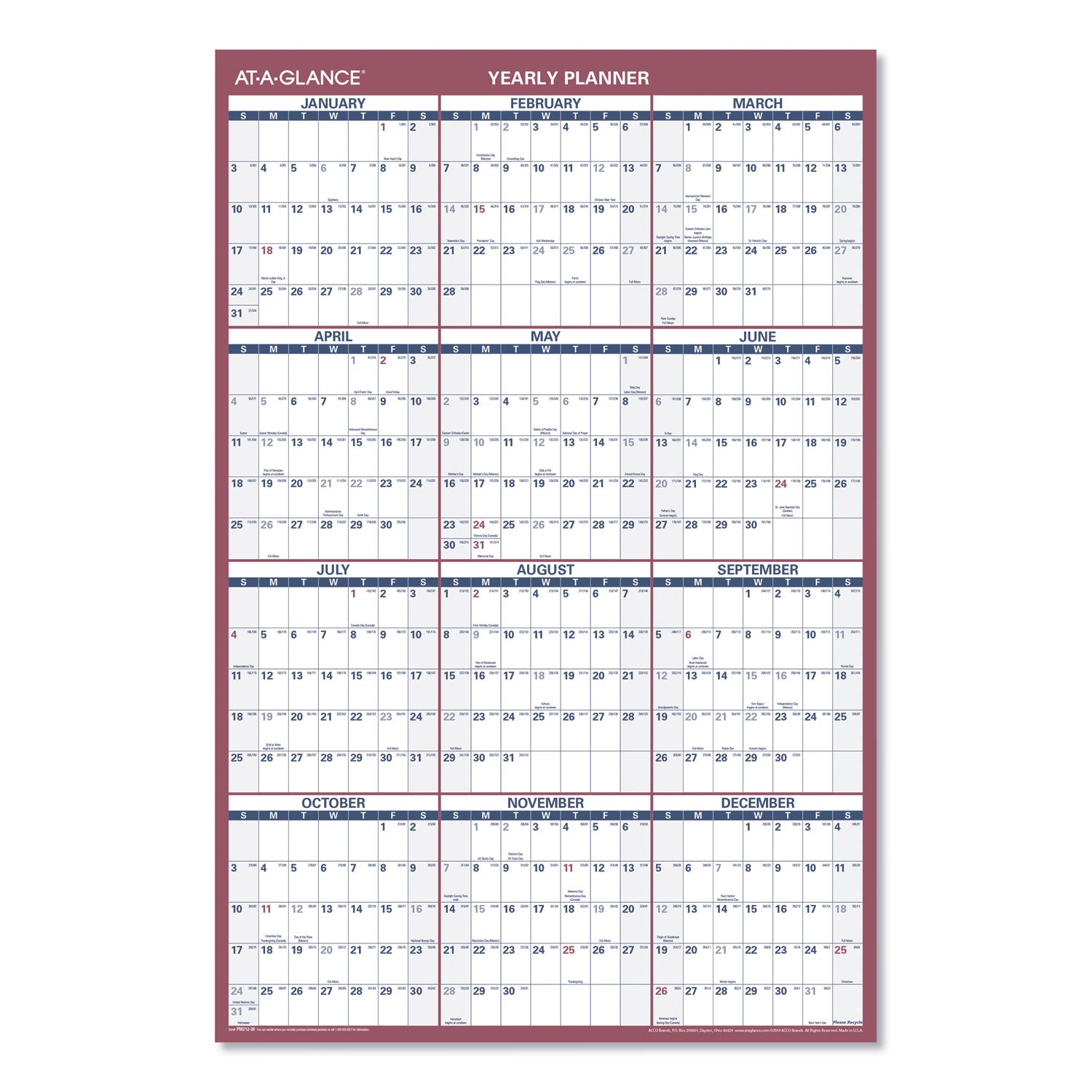 Vertical/Horizontal Wall Calendar, 24 x 36, White/Blue/Red Sheets, 12-Month (Jan to Dec): 2024