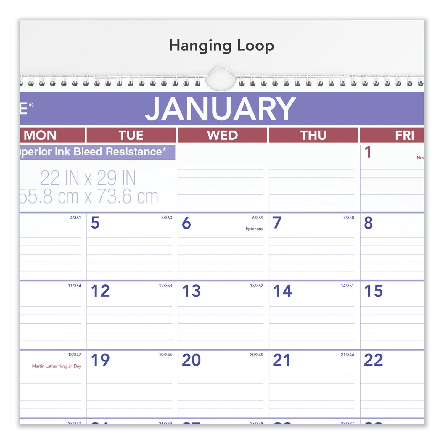 Two-Month Wall Calendar, 22 x 29, White/Blue/Red Sheets, 12-Month (Jan to Dec): 2024 - 2