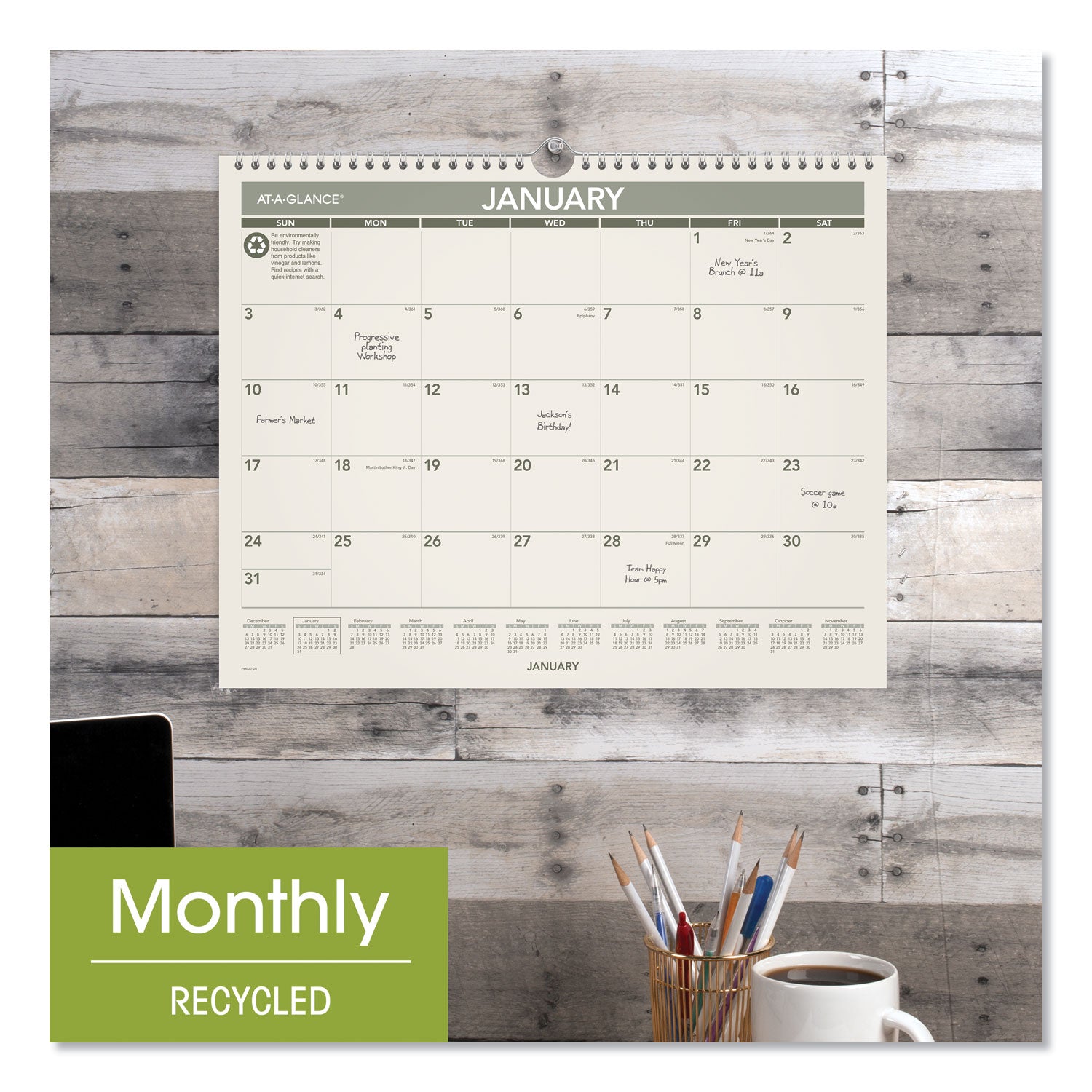 Recycled Wall Calendar, Unruled Blocks, 15 x 12, Sand/Green Sheets, 12-Month (Jan to Dec): 2024 - 