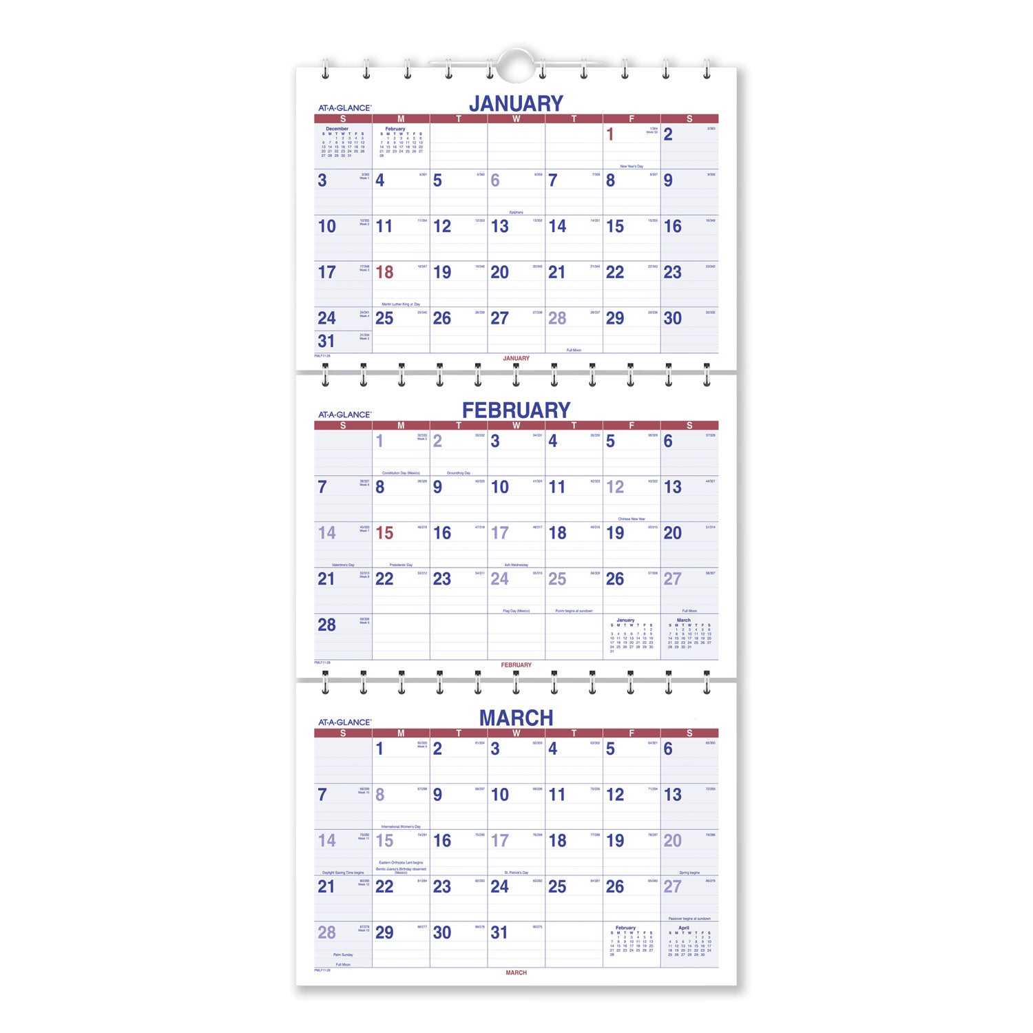 move-a-page-three-month-wall-calendar-12-x-27-white-red-blue-sheets-15-month-dec-to-feb-2023-to-2025_aagpmlf1128 - 1