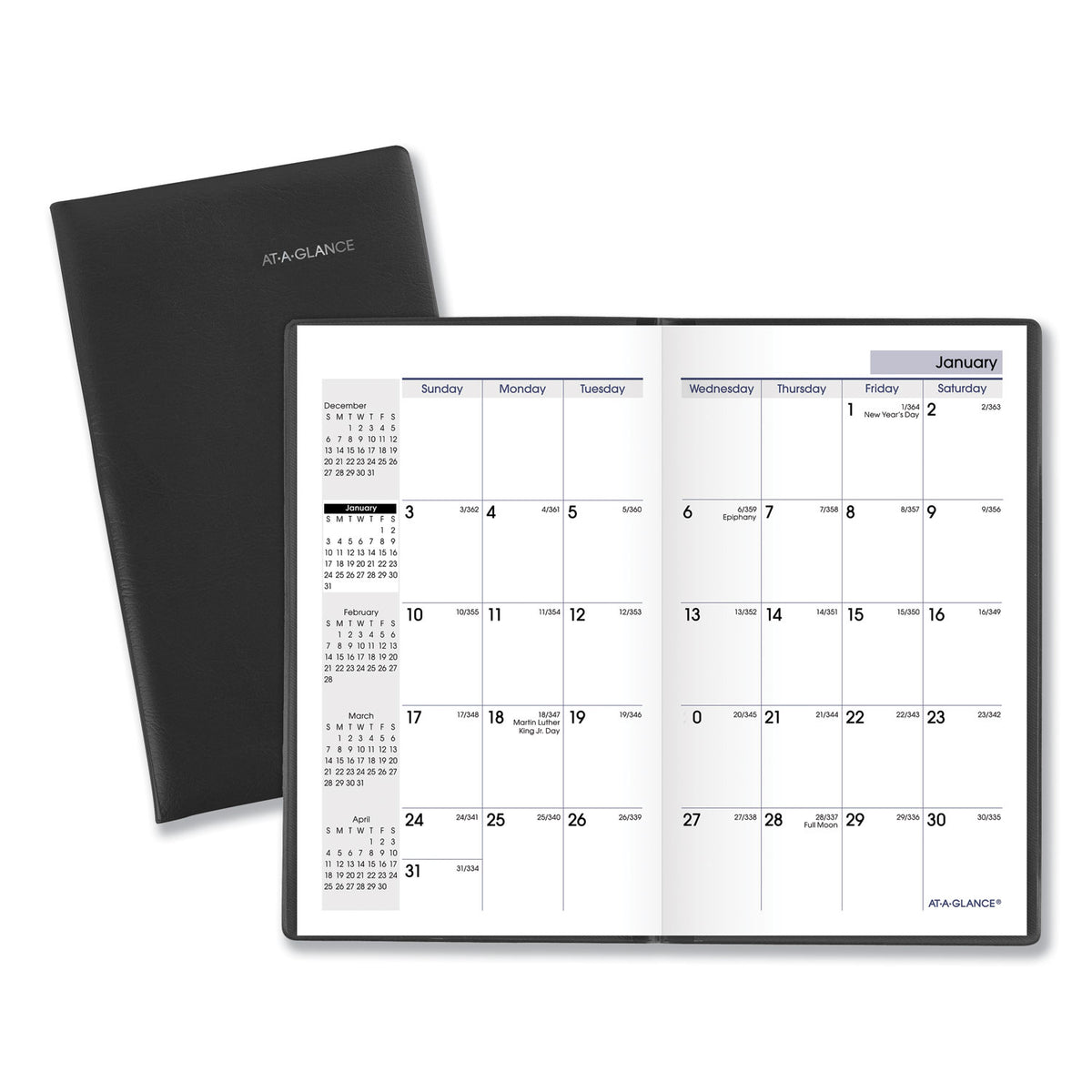 DayMinder 2024 Monthly Planner, Black, Pocket, 3 1/2" x 6" - Pocket Size - Julian Dates - Monthly - 14 Month - December 2023 - January 2025 - 1 Month Double Page Layout - 3 1/2" x 6" White Sheet - Stapled - Leather - Black - Simulated Leather, Paper,