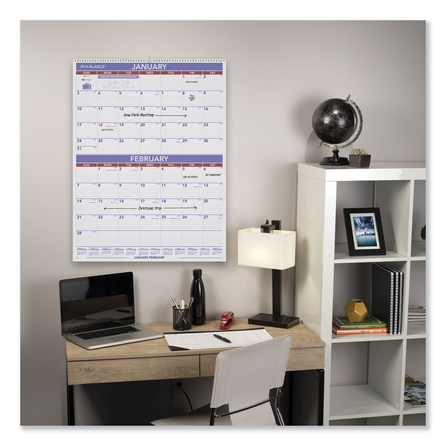 Two-Month Wall Calendar, 22 x 29, White/Blue/Red Sheets, 12-Month (Jan to Dec): 2024 - 3