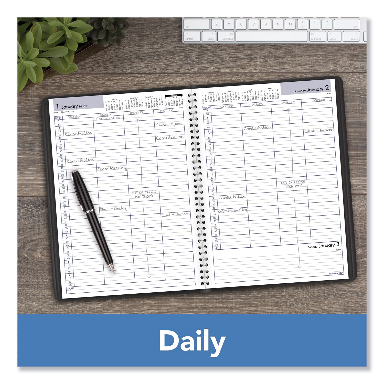 DayMinder Four-Person Group Daily Appointment Book, 11 x 8, Black Cover, 12-Month (Jan to Dec): 2024 - 