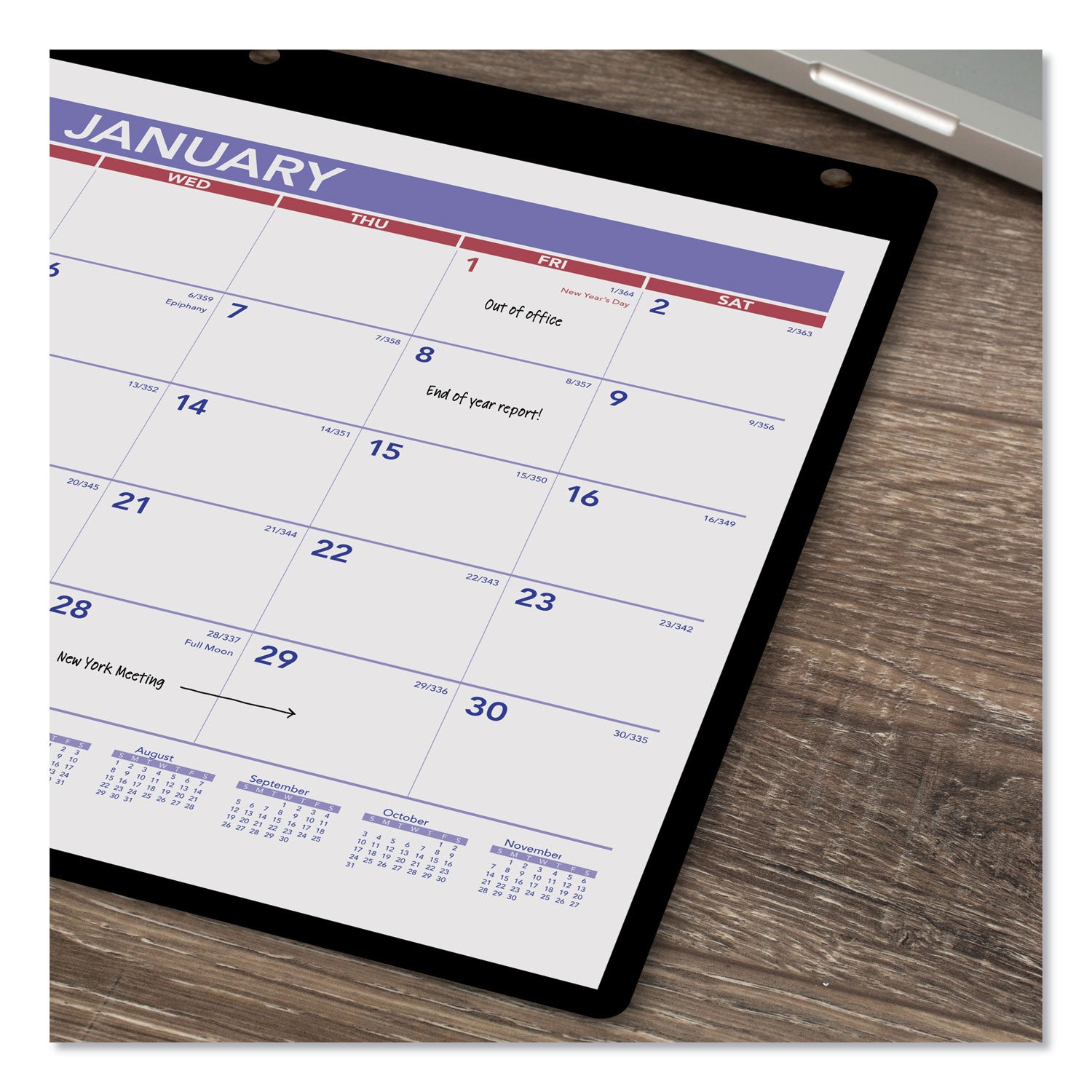 Monthly Desk/Wall Calendar with Plastic Backboard and Bonus Pages, 11 x 8, White/Violet/Red Sheets, 12-Month (Jan-Dec): 2024 - 