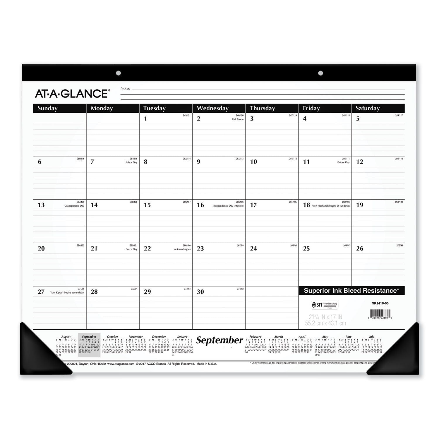 Academic Year Ruled Desk Pad, 21.75 x 17, White Sheets, Black Binding, Black Corners, 16-Month (Sept to Dec): 2023 to 2024 - 