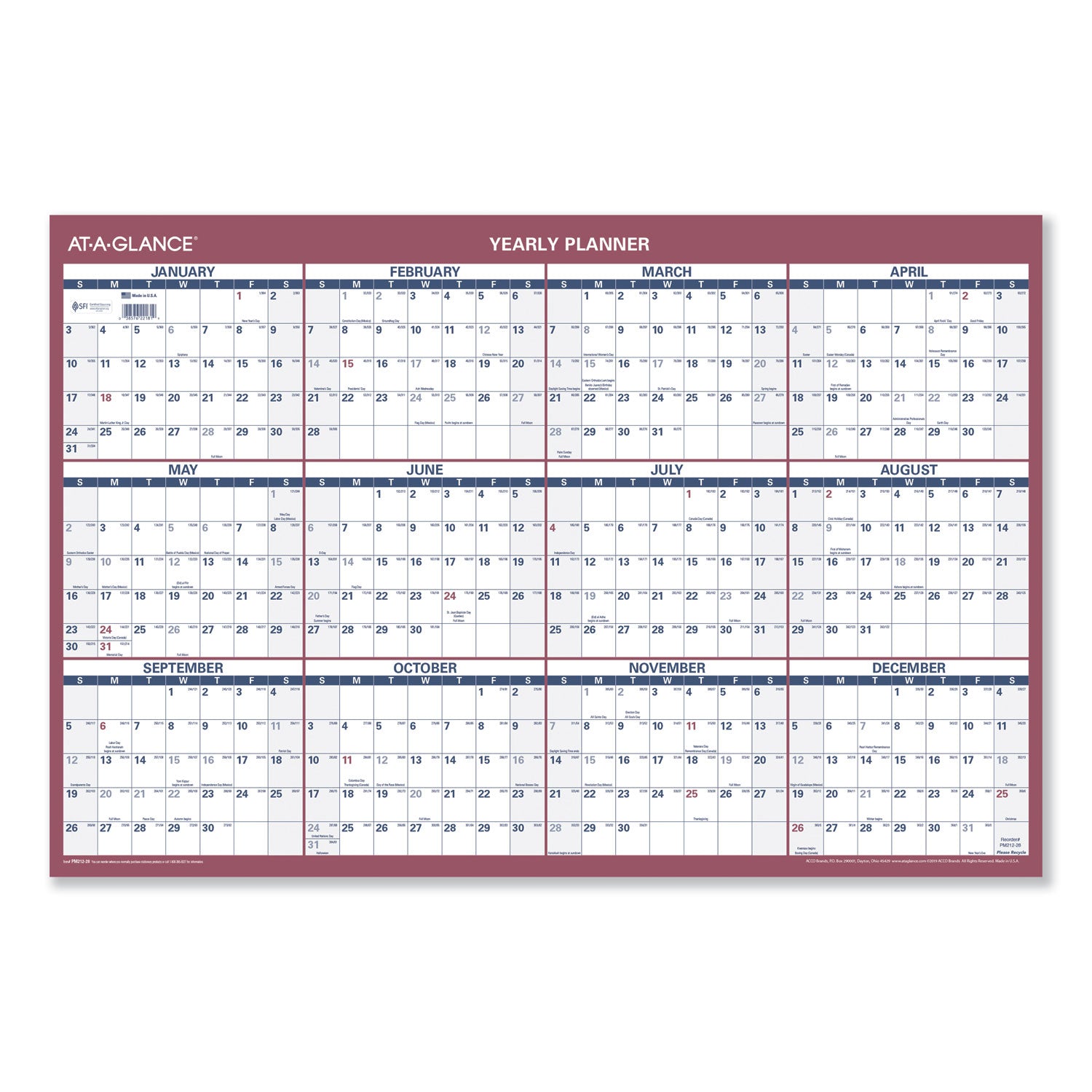 Vertical/Horizontal Wall Calendar, 24 x 36, White/Blue/Red Sheets, 12-Month (Jan to Dec): 2024