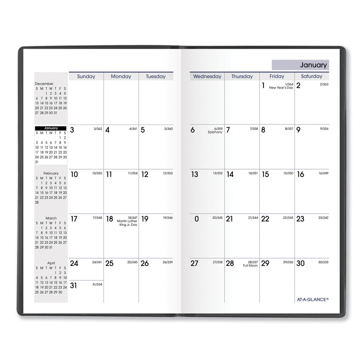 DayMinder 2024 Monthly Planner, Black, Pocket, 3 1/2" x 6" - Pocket Size - Julian Dates - Monthly - 14 Month - December 2023 - January 2025 - 1 Month Double Page Layout - 3 1/2" x 6" White Sheet - Stapled - Leather - Black - Simulated Leather, Paper,