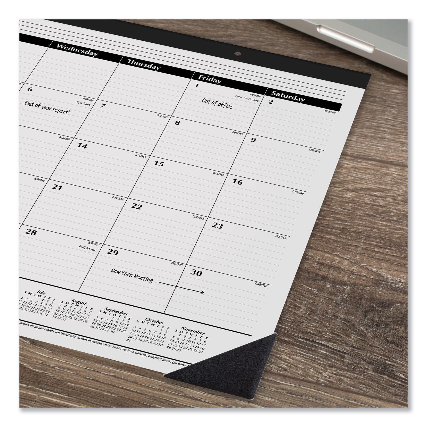 Ruled Desk Pad, 22 x 17, White Sheets, Black Binding, Black Corners, 12-Month (Jan to Dec): 2024