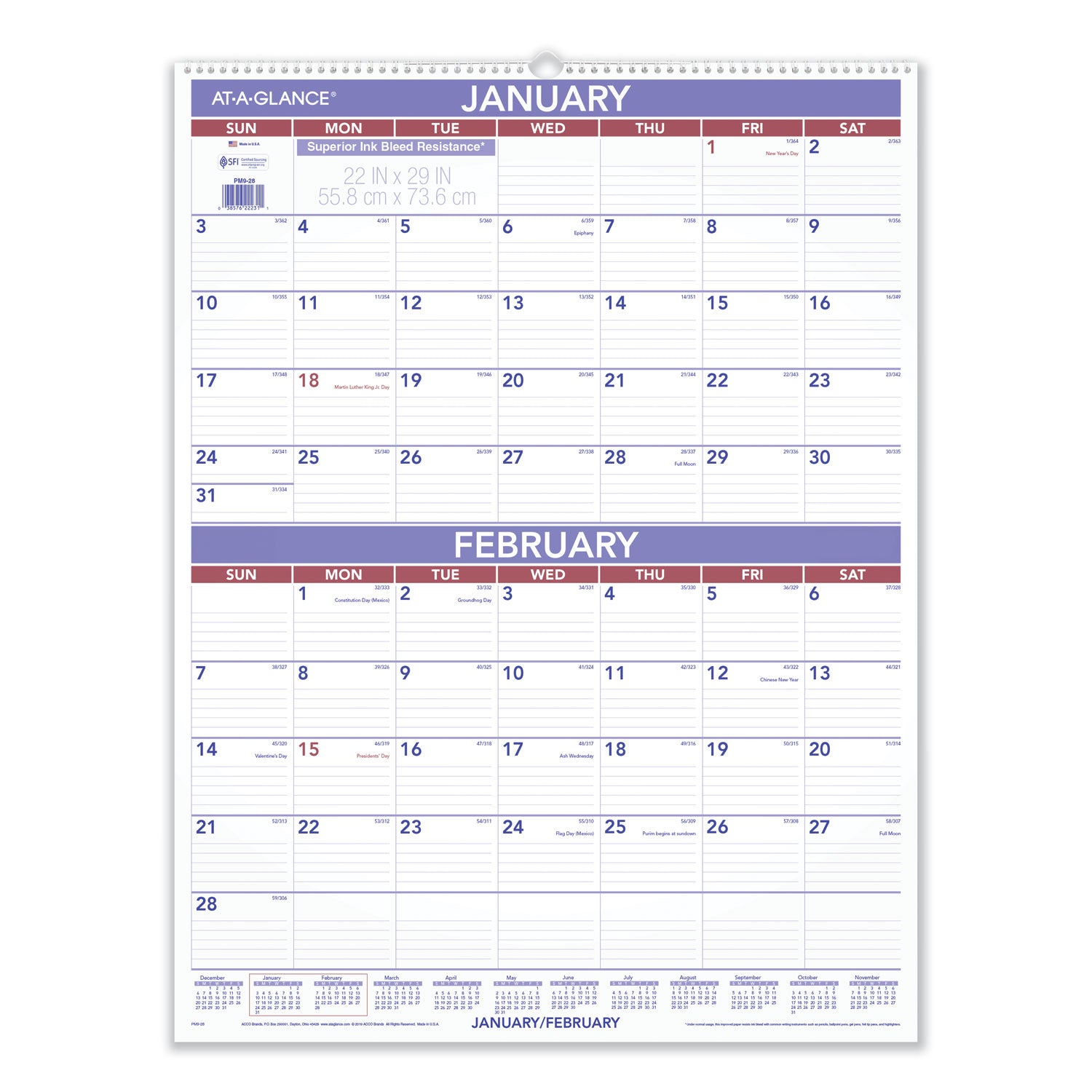 Two-Month Wall Calendar, 22 x 29, White/Blue/Red Sheets, 12-Month (Jan to Dec): 2024 - 1