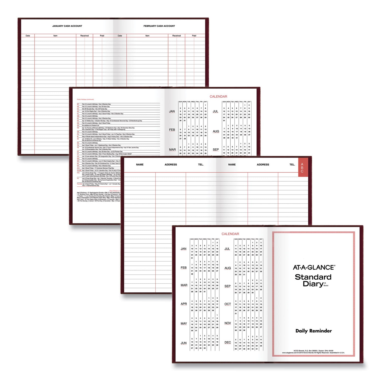 Standard Diary Daily Reminder Book, 2024 Edition, Medium/College Rule, Red Cover, (201) 7.5 x 5.13 Sheets - 