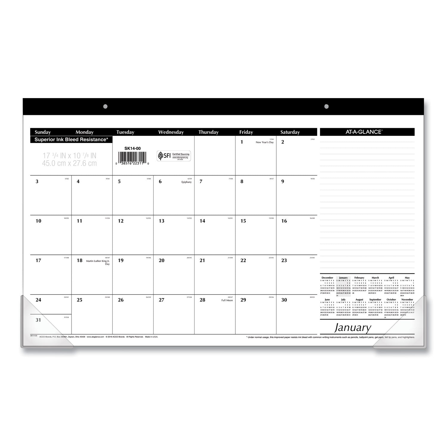 Compact Desk Pad, 18 x 11, White Sheets, Black Binding, Clear Corners, 12-Month (Jan to Dec): 2024 - 1