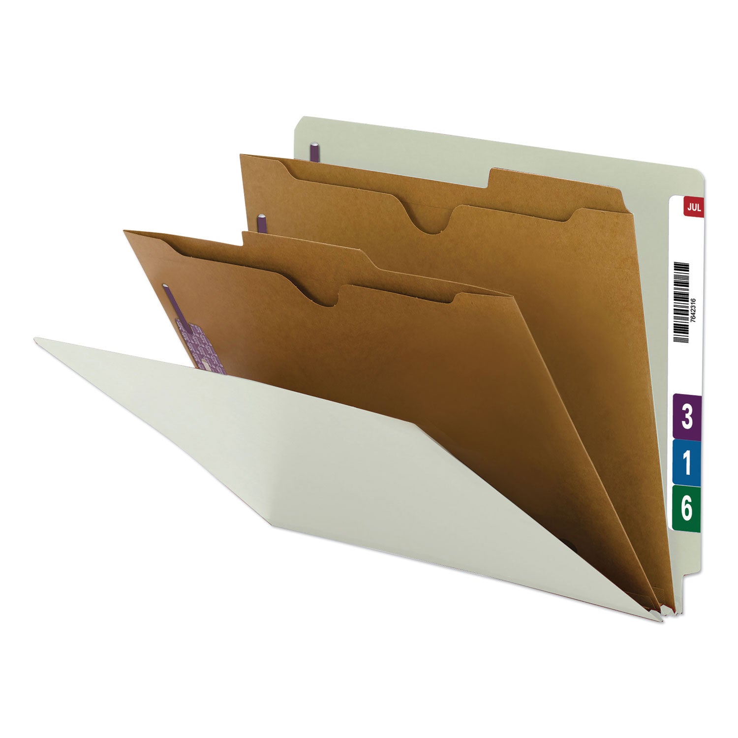 X-Heavy End Tab Pressboard Classification Folders, Six SafeSHIELD Fasteners, 2 Dividers, Letter Size, Gray-Green, 10/Box - 