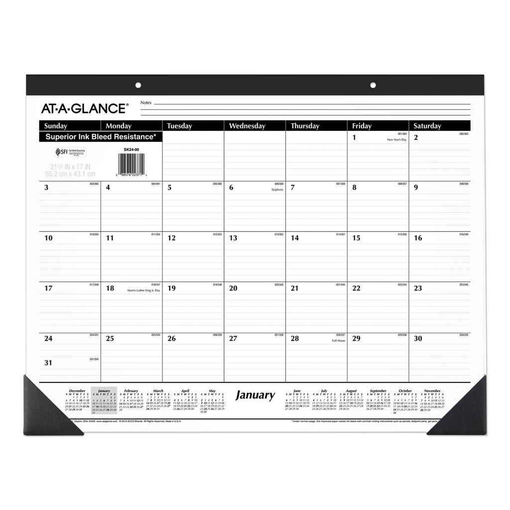 Ruled Desk Pad, 22 x 17, White Sheets, Black Binding, Black Corners, 12-Month (Jan to Dec): 2024