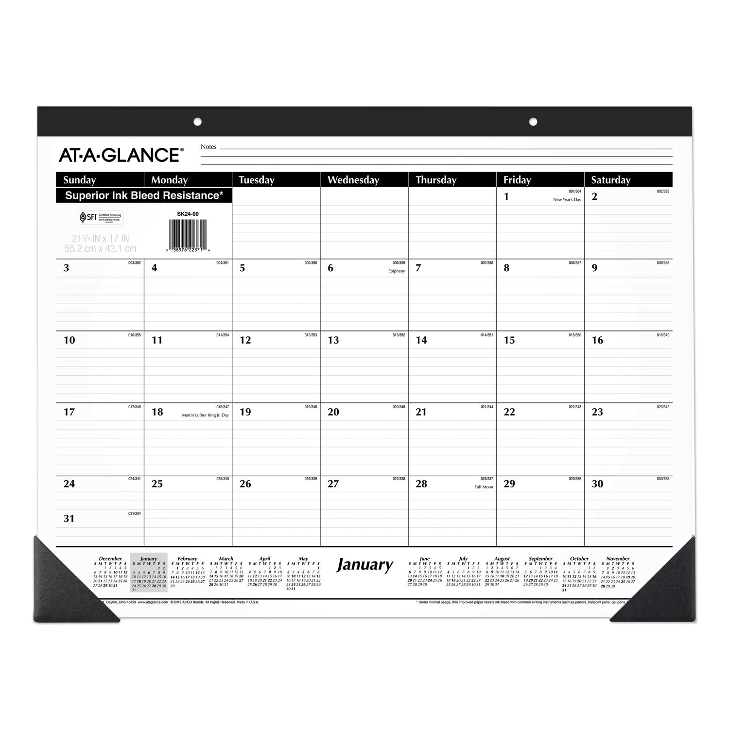 Ruled Desk Pad, 22 x 17, White Sheets, Black Binding, Black Corners, 12-Month (Jan to Dec): 2024
