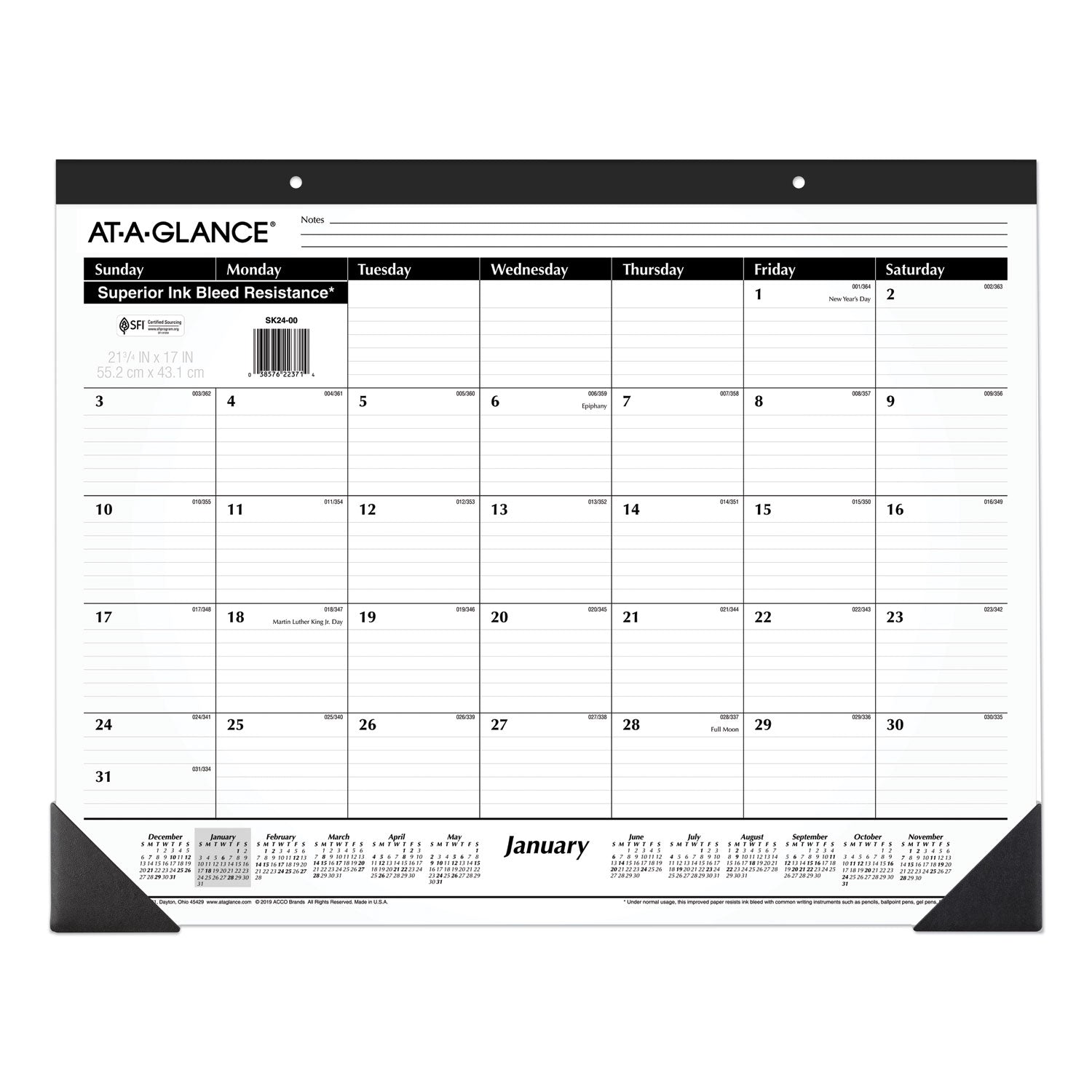 Ruled Desk Pad, 22 x 17, White Sheets, Black Binding, Black Corners, 12-Month (Jan to Dec): 2024 - 