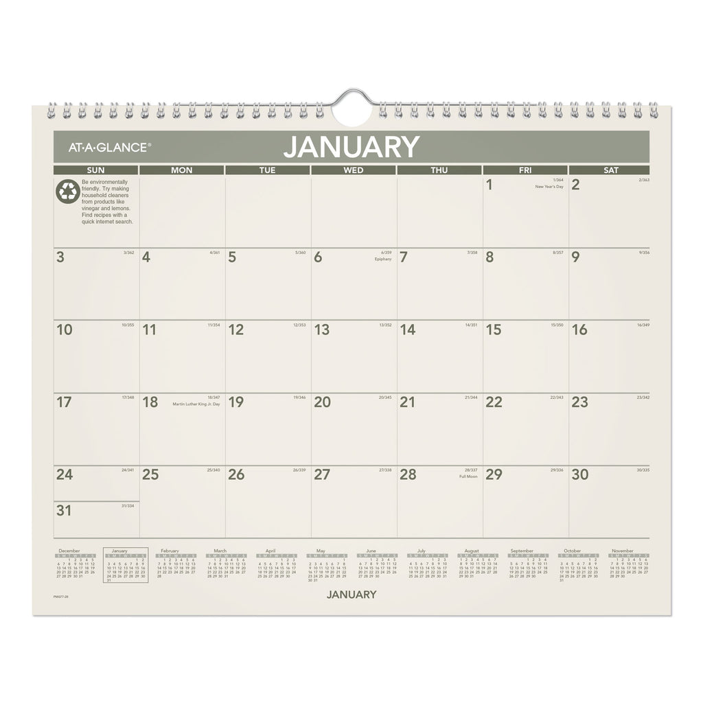 Recycled Wall Calendar, Unruled Blocks, 15 x 12, Sand/Green Sheets, 12-Month (Jan to Dec): 2024