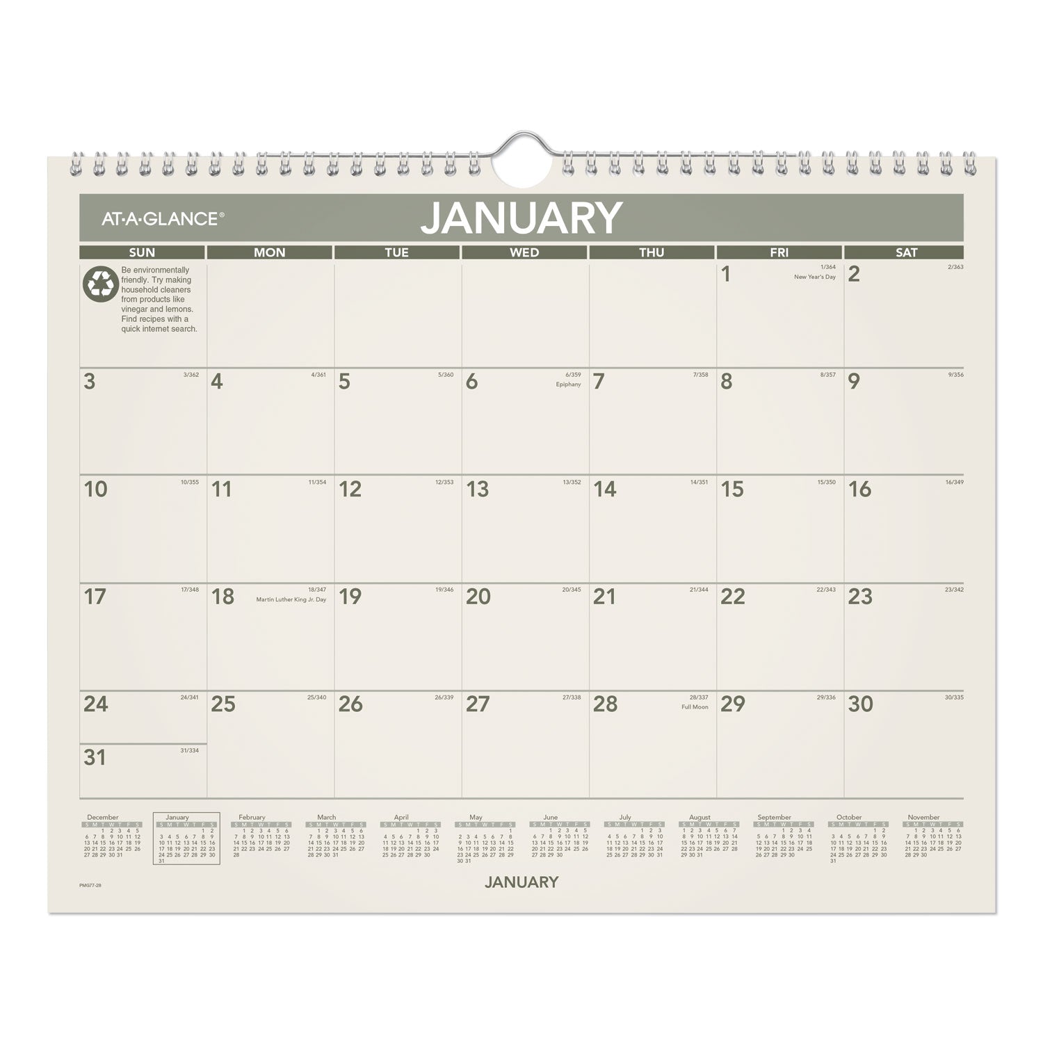 Recycled Wall Calendar, Unruled Blocks, 15 x 12, Sand/Green Sheets, 12-Month (Jan to Dec): 2024