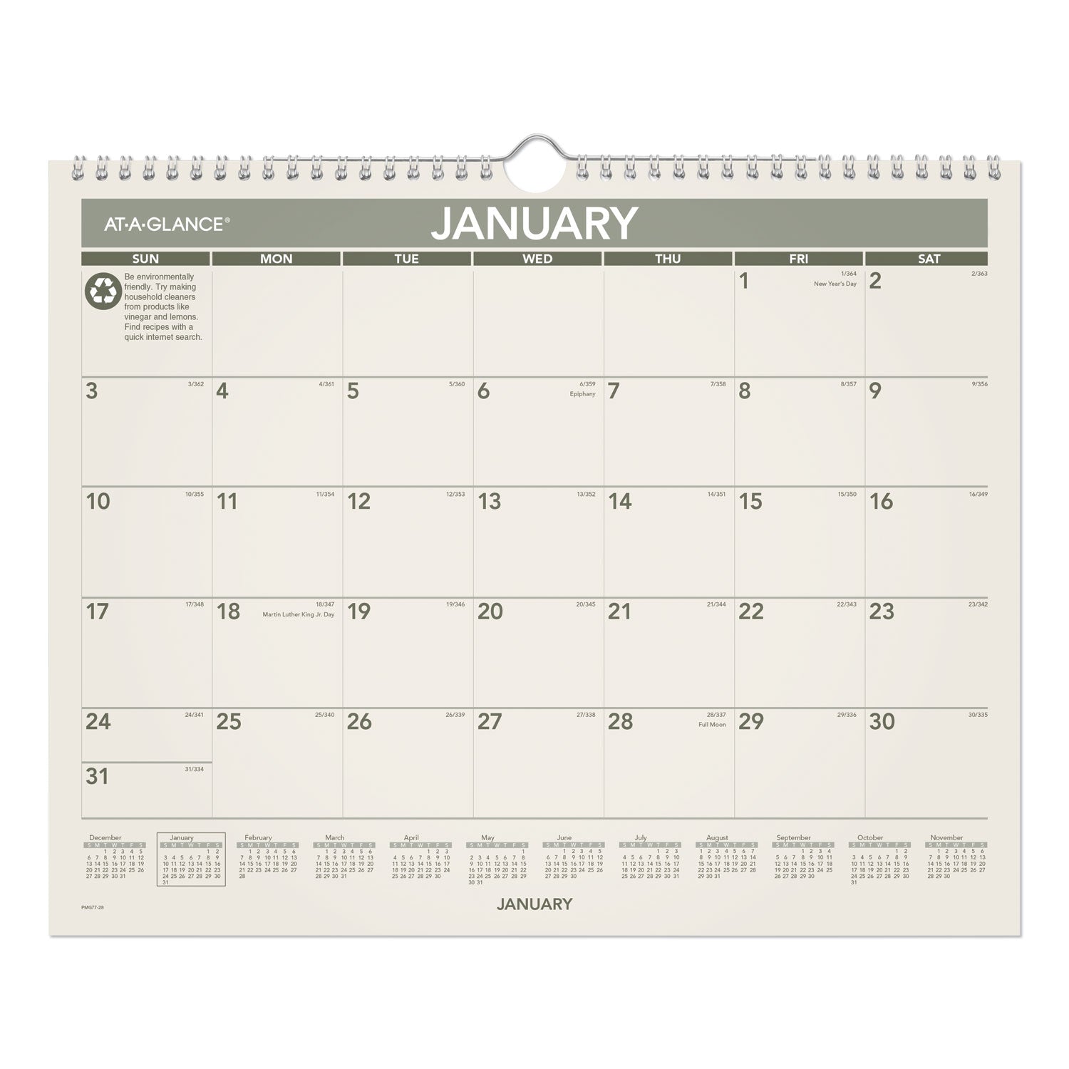 Recycled Wall Calendar, Unruled Blocks, 15 x 12, Sand/Green Sheets, 12-Month (Jan to Dec): 2024 - 
