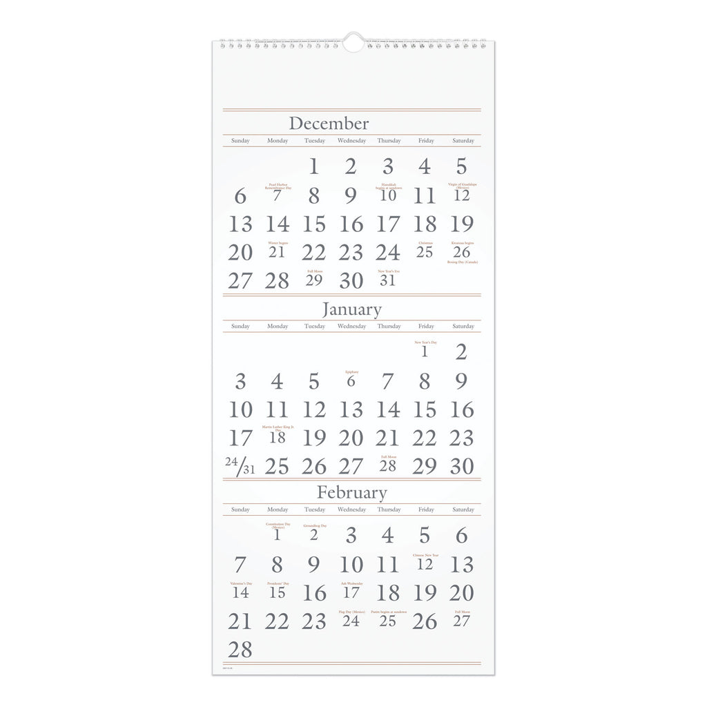 Three-Month Reference Wall Calendar, 12 x 27, White Sheets, 15-Month (Dec to Feb): 2023 to 2025