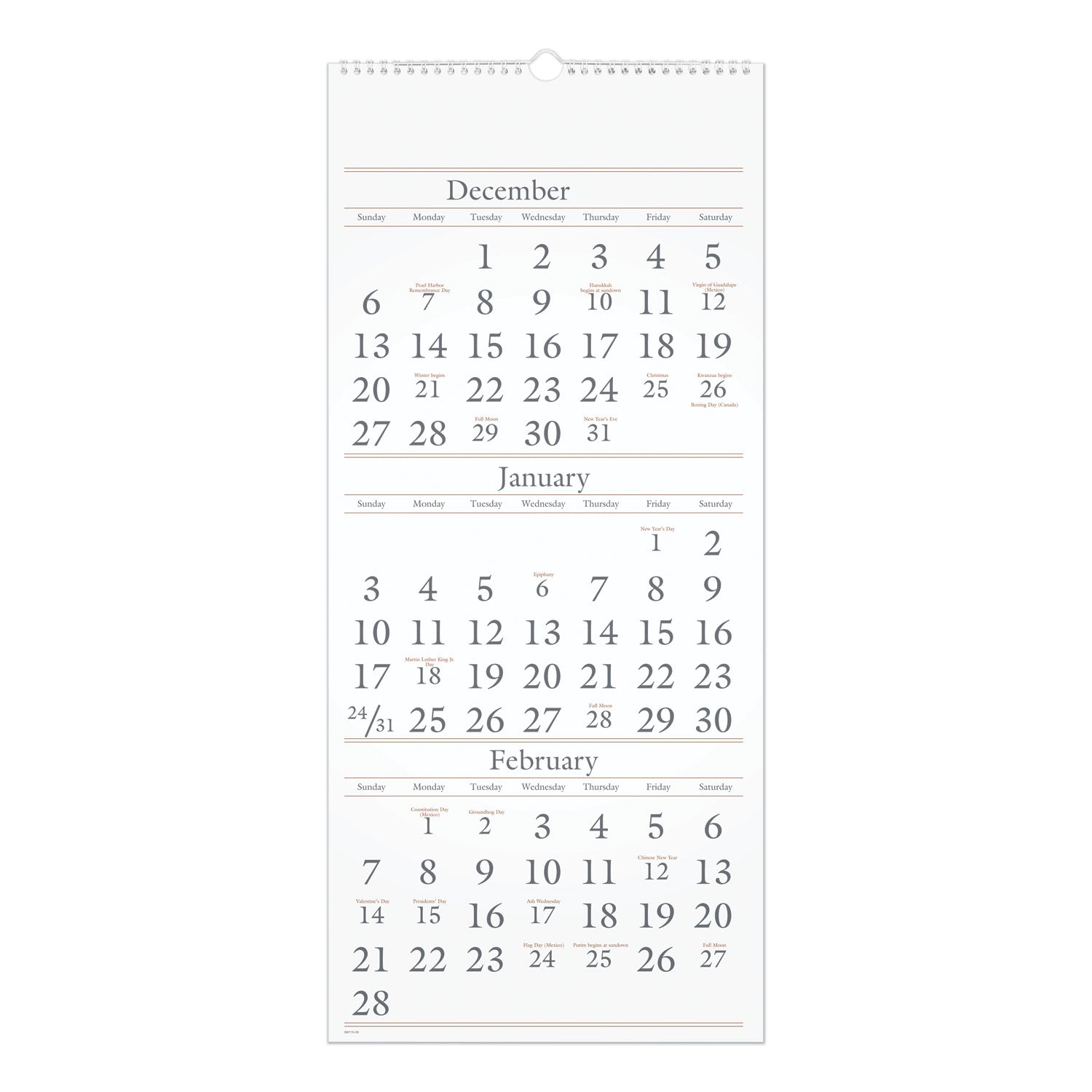 Three-Month Reference Wall Calendar, 12 x 27, White Sheets, 15-Month (Dec to Feb): 2023 to 2025 - 1