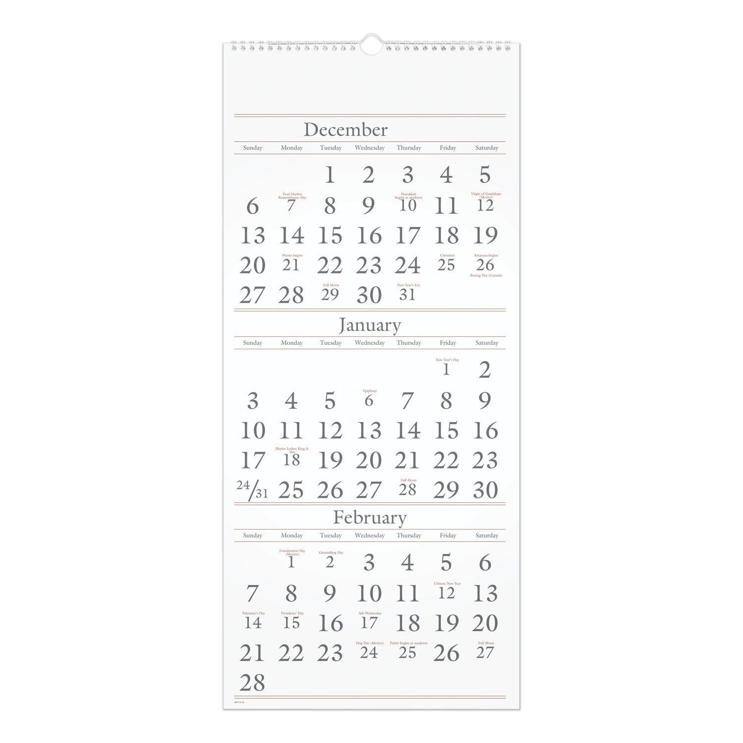 Three-Month Reference Wall Calendar, 12 x 27, White Sheets, 15-Month (Dec to Feb): 2023 to 2025