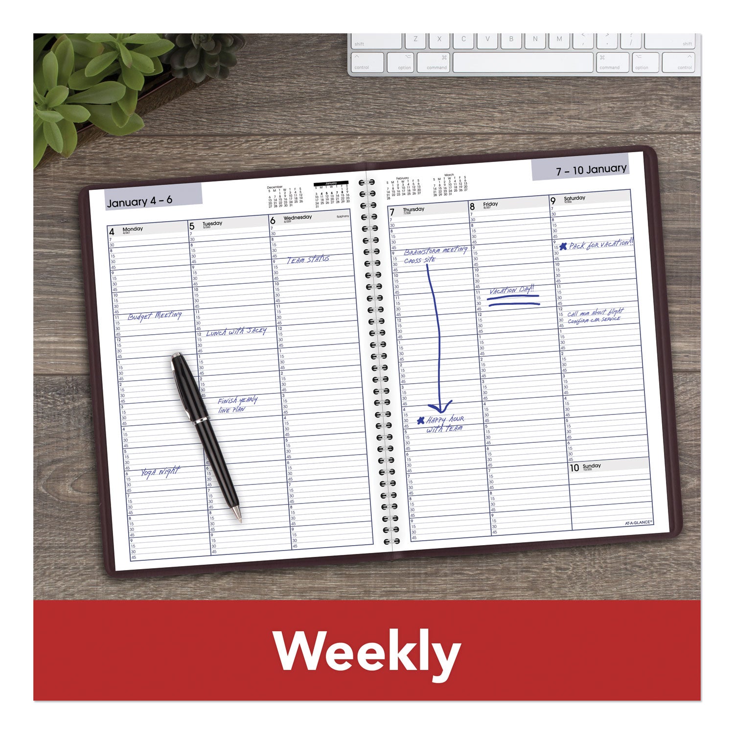 DayMinder Weekly Appointment Book, Vertical-Column Format, 11 x 8, Burgundy Cover, 12-Month (Jan to Dec): 2024