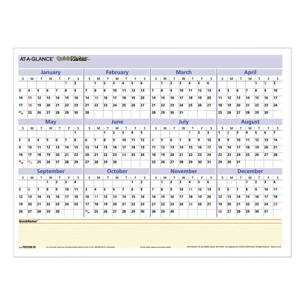 QuickNotes Mini Erasable Wall Planner, 16 x 12, White/Blue/Yellow Sheets, 12-Month (Jan to Dec): 2024