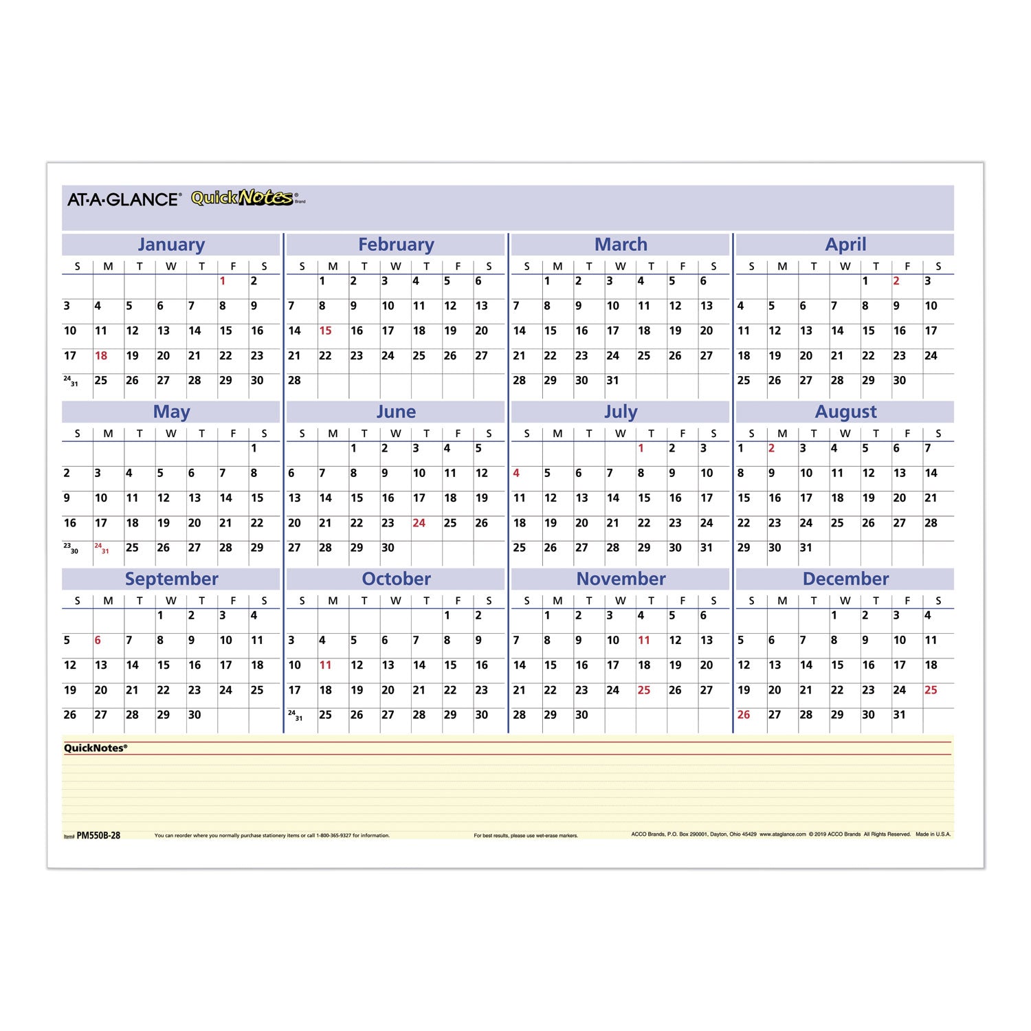 QuickNotes Mini Erasable Wall Planner, 16 x 12, White/Blue/Yellow Sheets, 12-Month (Jan to Dec): 2024