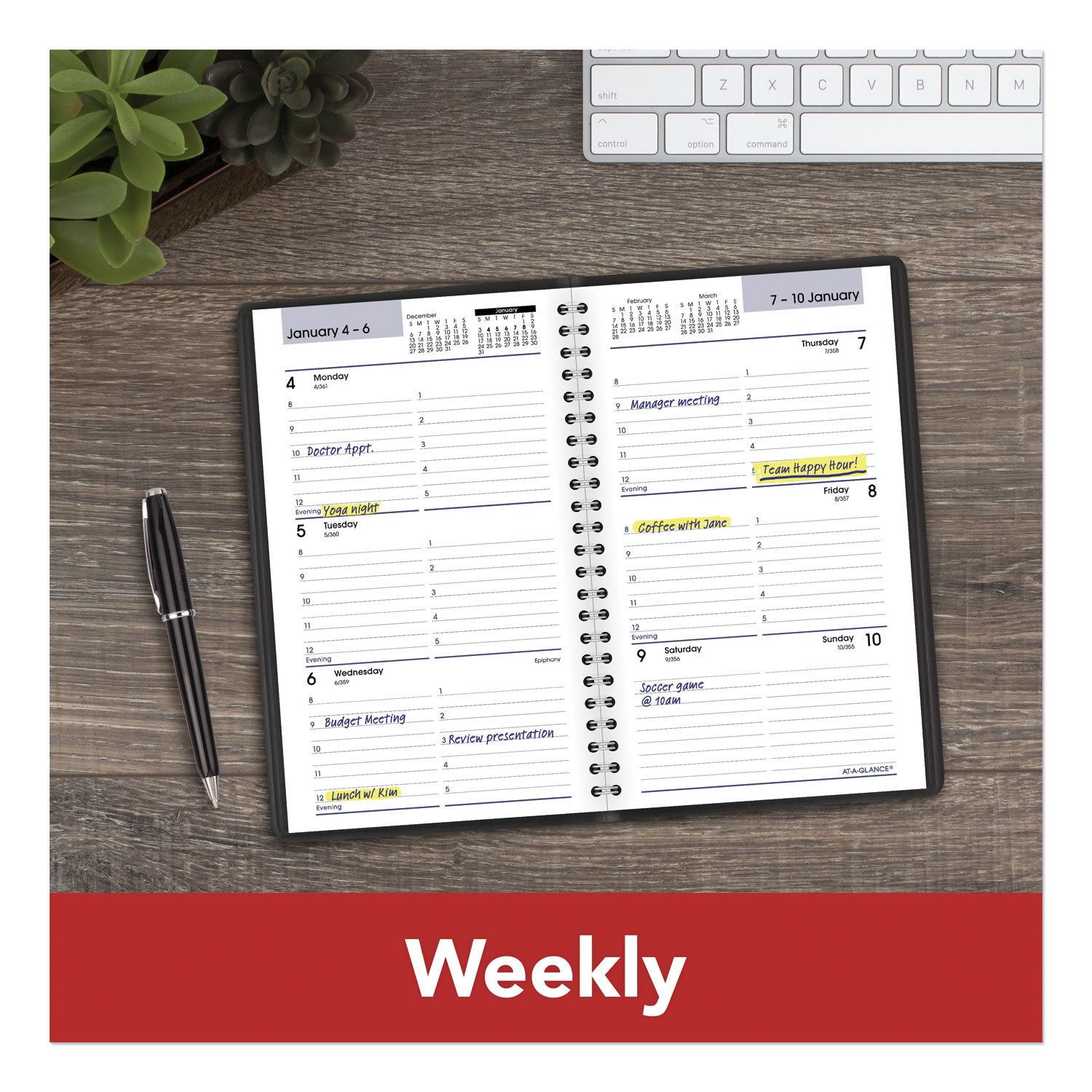 DayMinder Block Format Weekly Appointment Book, 8.5 x 5.5, Black Cover, 12-Month (Jan to Dec): 2024 - 