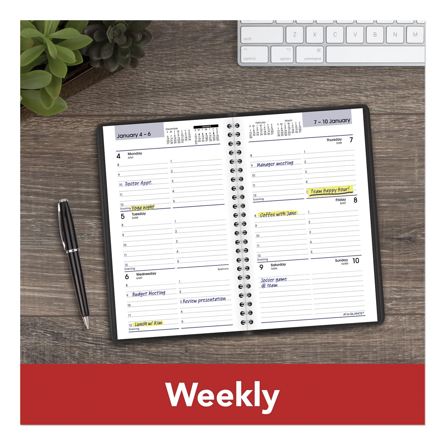 DayMinder Block Format Weekly Appointment Book, 8.5 x 5.5, Black Cover, 12-Month (Jan to Dec): 2024