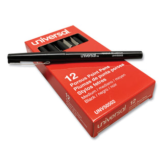 Porous Point Pen, Stick, Medium 0.7 mm, Black Ink, Black Barrel, Dozen - 