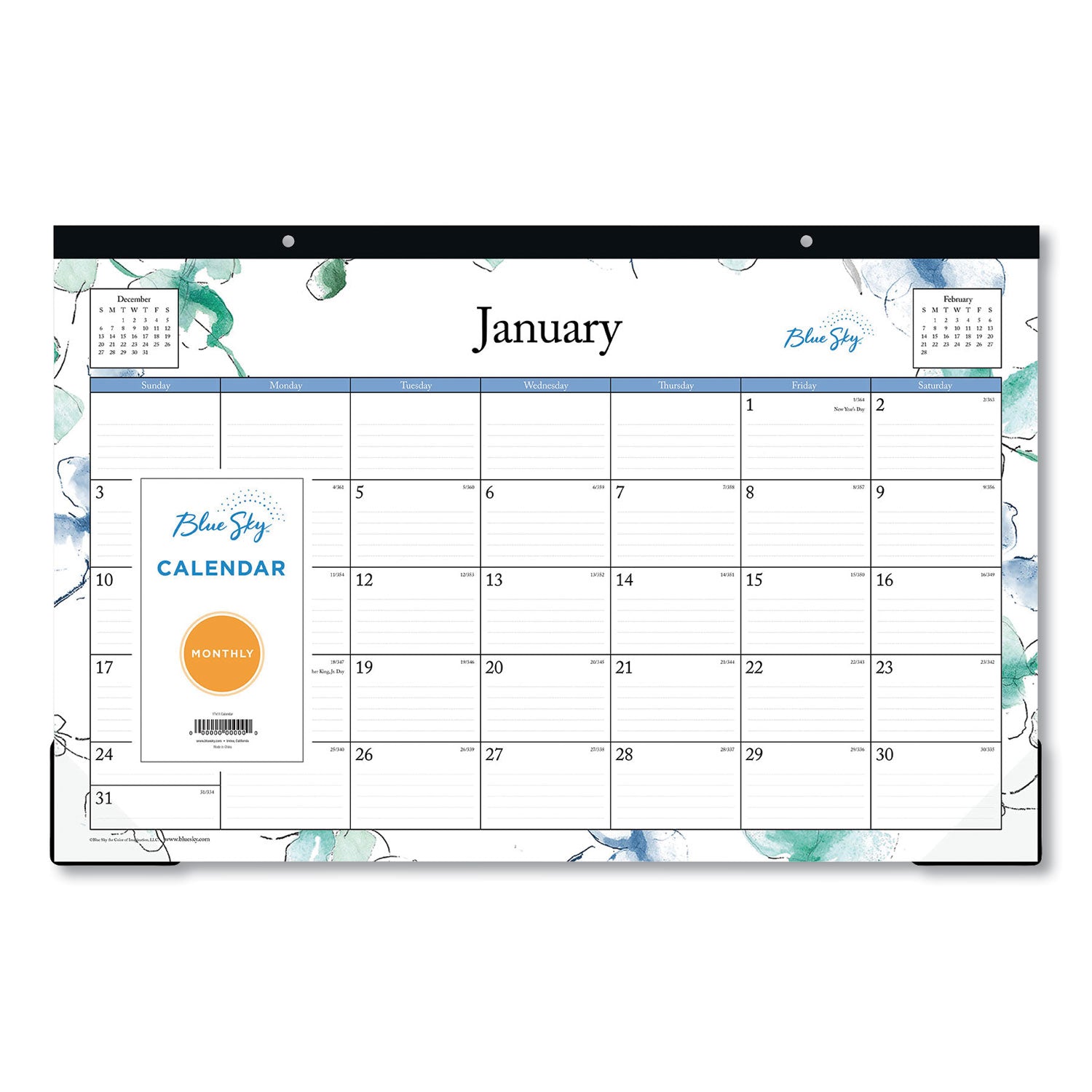 Lindley Desk Pad, Floral Artwork, 17 x 11, White/Blue/Green Sheets, Black Binding, Clear Corners, 12-Month (Jan-Dec): 2024