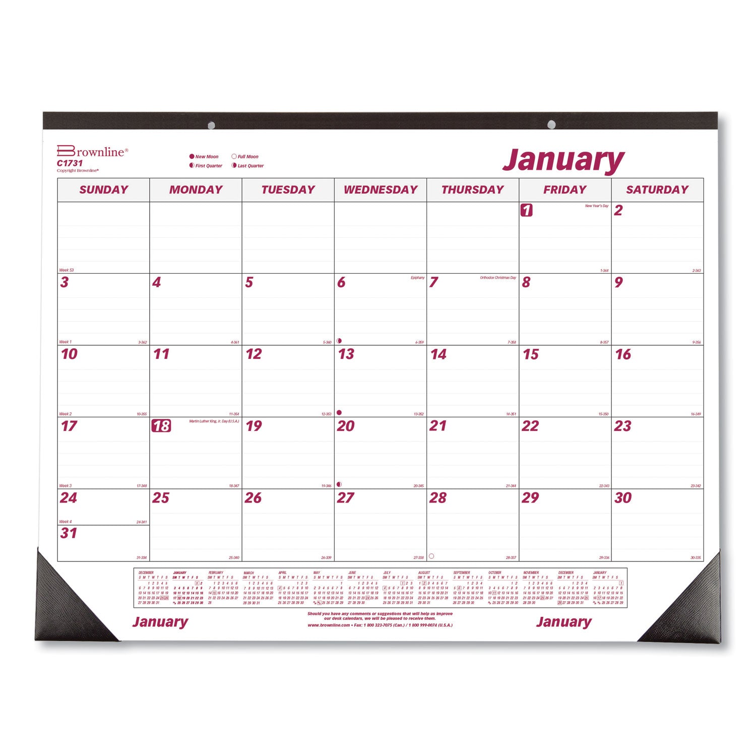 Monthly Desk Pad Calendar, 22 x 17, White/Burgundy Sheets, Black Binding, Black Corners, 12-Month (Jan to Dec): 2024 - 