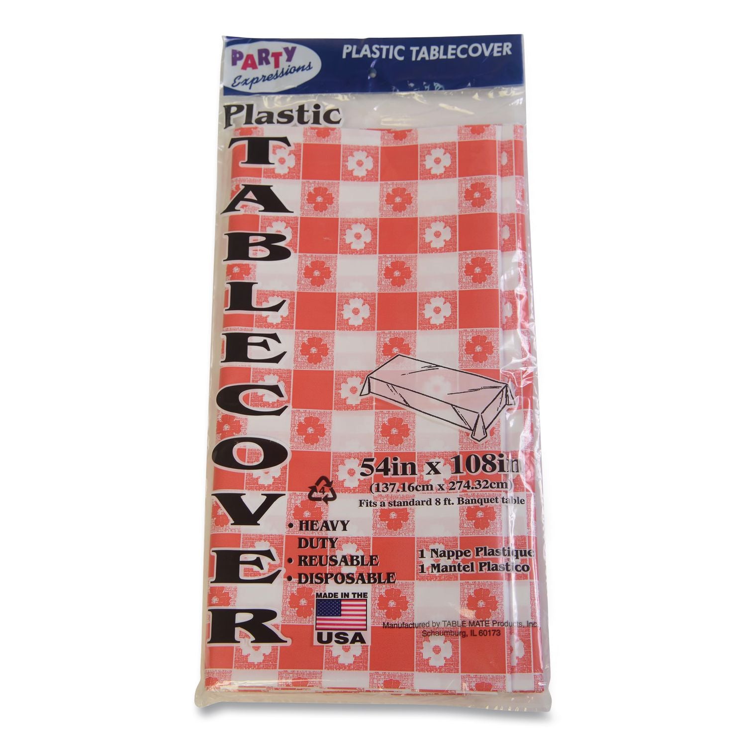 Table Set Rectangular Table Covers, Heavyweight Plastic, 54" x 108", Plaid Red/White, 6/Pack