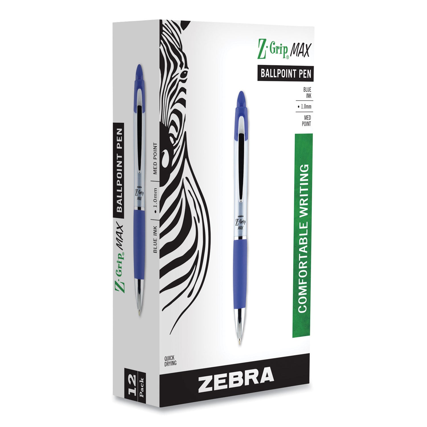 Z-Grip MAX Ballpoint Pen, Retractable, Medium 1 mm, Blue Ink, Silver/Blue Barrel, 12/Pack - 