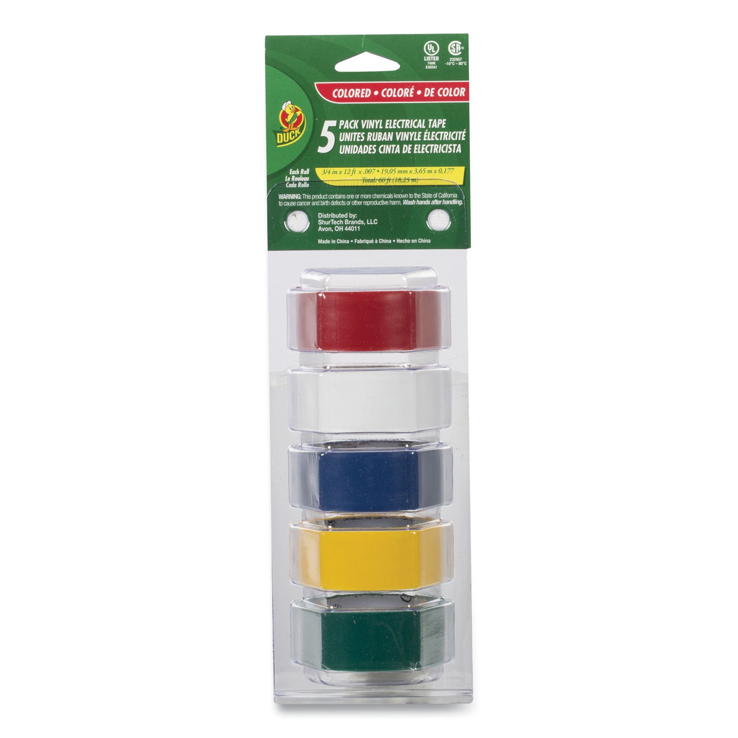 Electrical Tape, 1" Core, 0.75" x 12 ft, Assorted Colors, 5/Pack - 