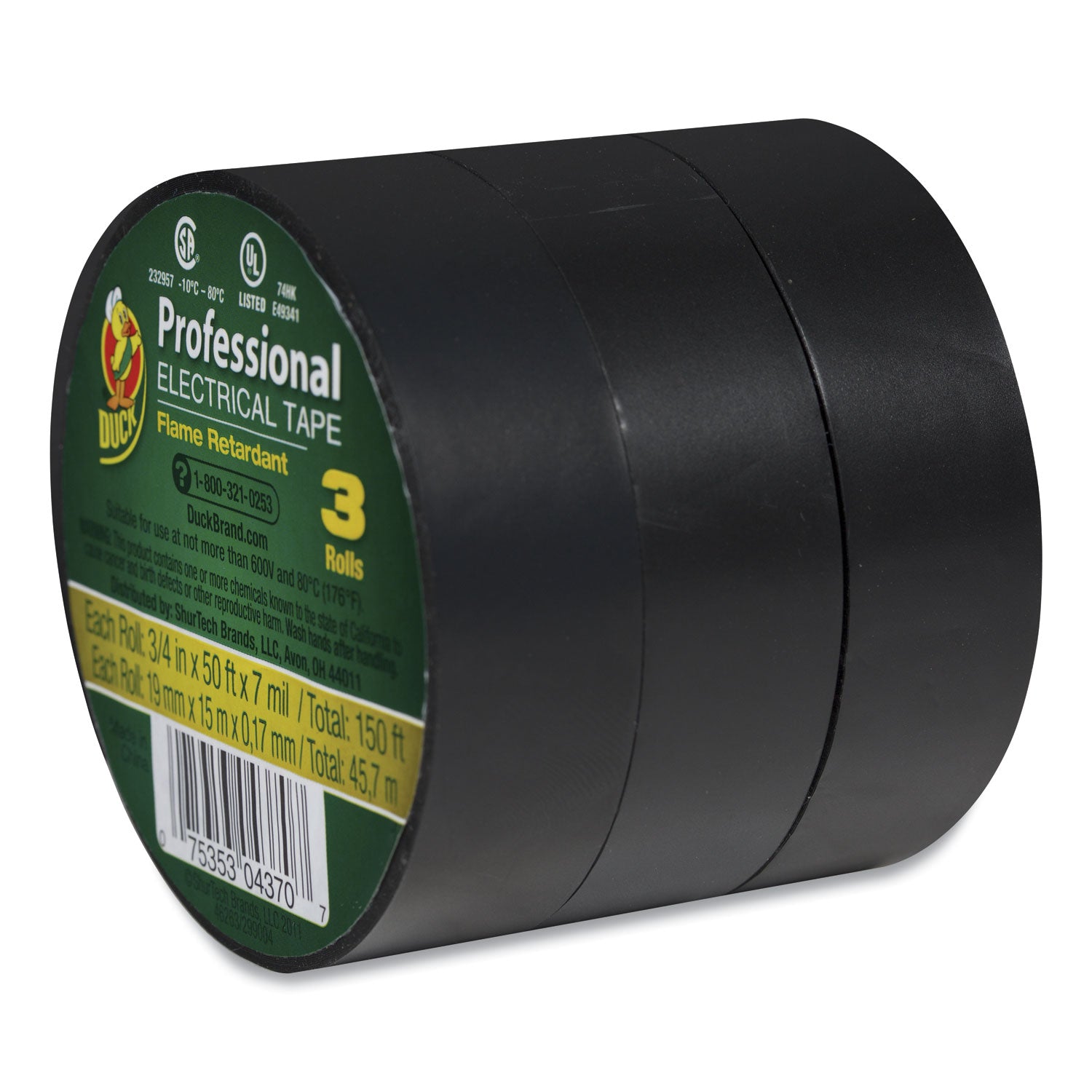 Pro Electrical Tape, 1" Core, 0.75" x 50 ft, Black, 3/Pack - 