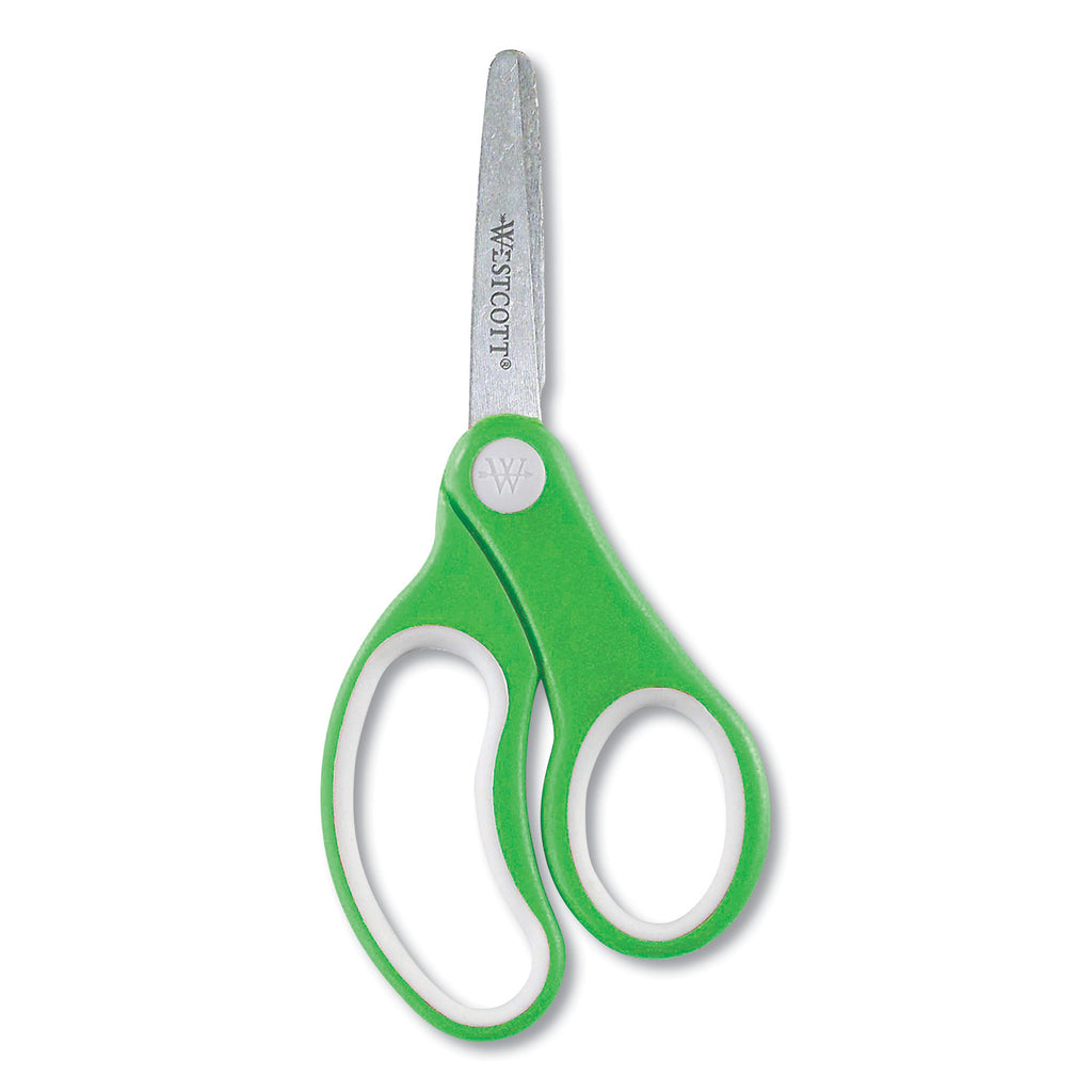 Soft Handle Kids Scissors, Rounded Tip, 5" Long, 1.75" Cut Length, Assorted Straight Handles, 12/Pack
