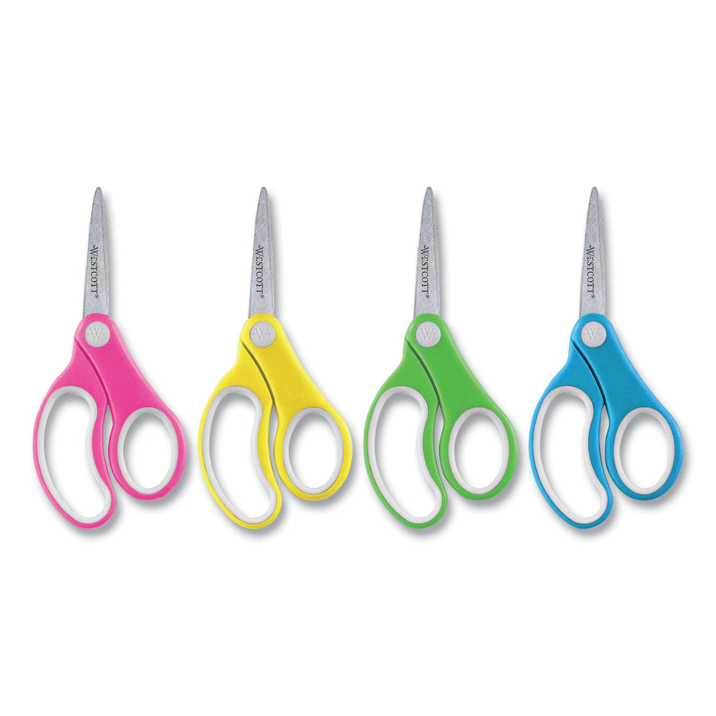 Soft Handle Kids Scissors, Pointed Tip, 5" Long, 1.75" Cut Length, Assorted Straight Handles, 12/Pack